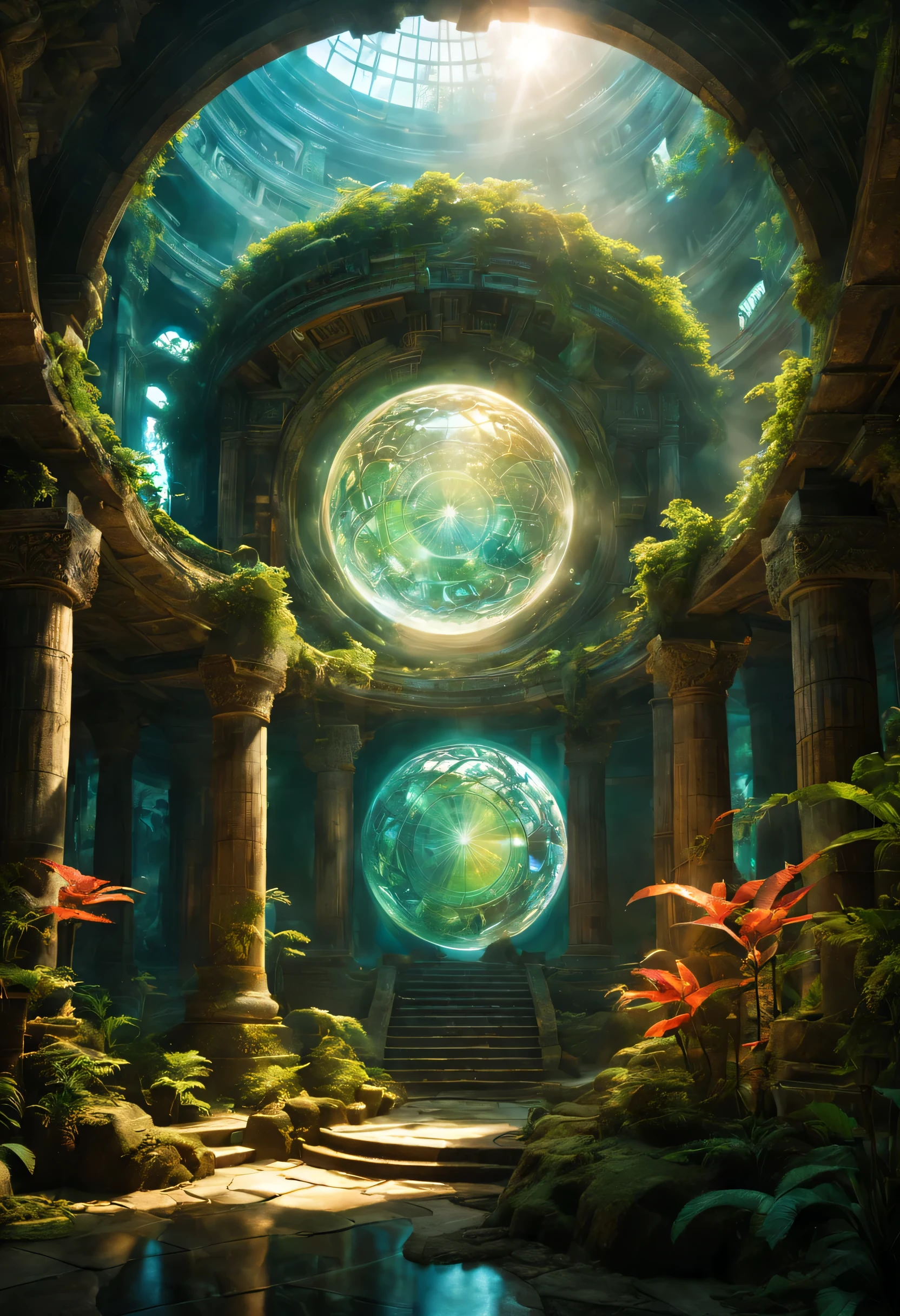 landscape,In the center of the room((spherical light:Mysterious:magic effect:light of science:intricate patterns drawn with light:be familiar with:holography:Reflects the beautiful vision of ancient civilizations:flash:rich colors:Cast colorful spells)),flash,とてもflash,Overgrown with plants,leaf,vine,moss,Background of ancient temples:dim:Surrounded by creative murals:delicate and beautiful,feel wisdom and wisdom,It was among the ruins of a destroyed civilization..,A temple surrounded by plants,A scene from a movie,fantasy,dramatic,magic effect,light of science,Science meets magic,(効果的にholographyを配置),How beautiful,beautiful light and shadow,3D,8K,dull壁画,decoration:money:Silver:dull,The time machine created by the ancients was forgotten..、now, deep inside the temple, it is waiting for visitors.,light leaking from the ceiling,A dreamy sight