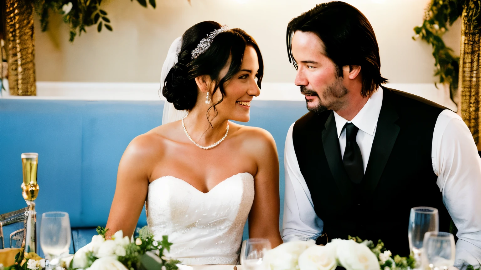 young 30 year old keanu reeves in a wedding party with just the bride and groom