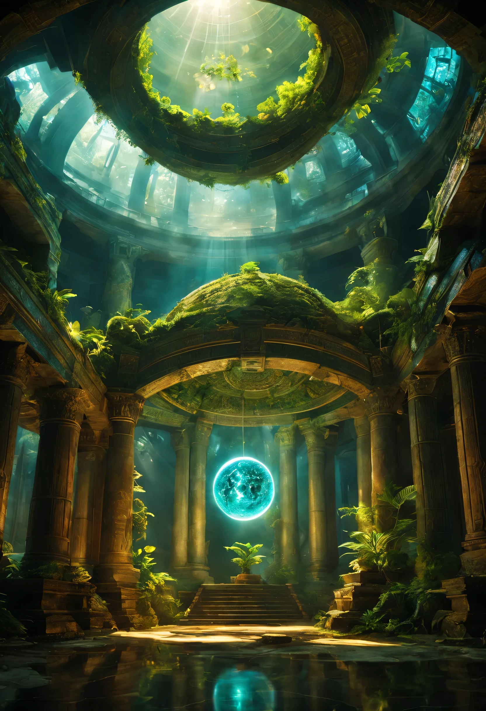 landscape,In the center of the room((spherical light:Mysterious:magic effect:light of science:intricate patterns drawn with light:be familiar with:holography:Reflects the beautiful vision of ancient civilizations:flash:rich colors:Cast colorful spells)),flash,とてもflash,Overgrown with plants,leaf,vine,moss,Background of ancient temples:dim:Surrounded by creative murals:delicate and beautiful,feel wisdom and wisdom,It was among the ruins of a destroyed civilization..,A temple surrounded by plants,A scene from a movie,fantasy,dramatic,magic effect,light of science,Science meets magic,(効果的にholographyを配置),How beautiful,beautiful light and shadow,3D,8K,dull壁画,decoration:money:Silver:dull,The time machine created by the ancients was forgotten..、now, deep inside the temple, it is waiting for visitors.,light leaking from the ceiling,A dreamy sight