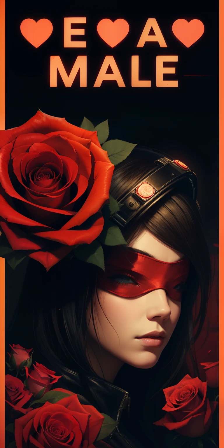 a poster of a woman and man face man with a red blindfold with roses and hearts around heads and the words bearale on it by Shepard Fairey(cyberpunk) (neon)