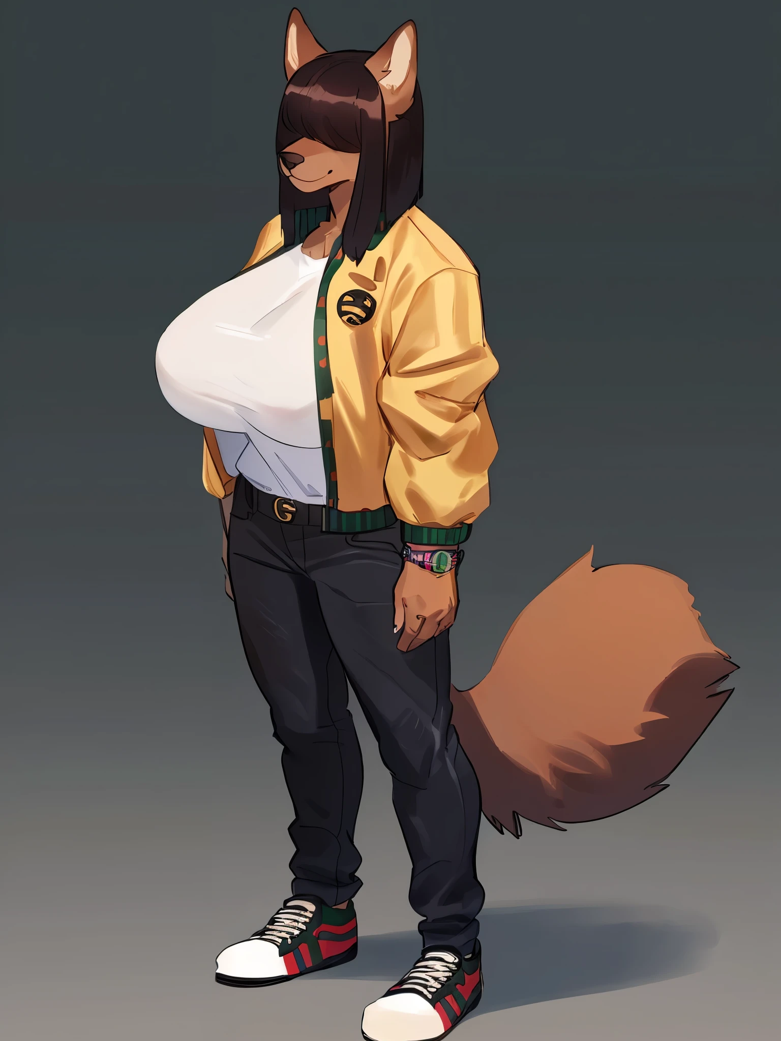 By bebebebebe, by lostgoose, by goonie-san, female, ((canine, snout, hair covering eyes, straight hair, medium hair, flat hair, ears, thin snout)), brown fur, big poofy tail, raised tail, dark maroon hair, ((muscular, big breasts)), solo, standing, ((designer clothes, gucci canvas jacket, black gucci jeans, black goochie sneakers, rolex watch))
