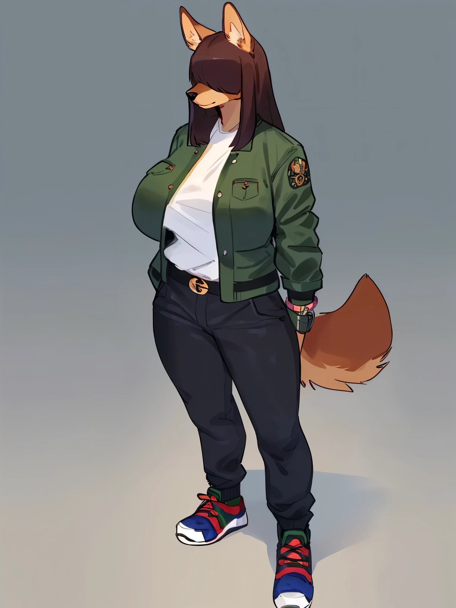 By bebebebebe, by lostgoose, by goonie-san, female, ((canine, snout, hair covering eyes, straight hair, medium hair, flat hair, ears, thin snout)), brown fur, big poofy tail, raised tail, dark maroon hair, ((muscular, big breasts)), solo, standing, ((designer clothes, gucci canvas jacket, black gucci jeans, black goochie sneakers, rolex watch))
