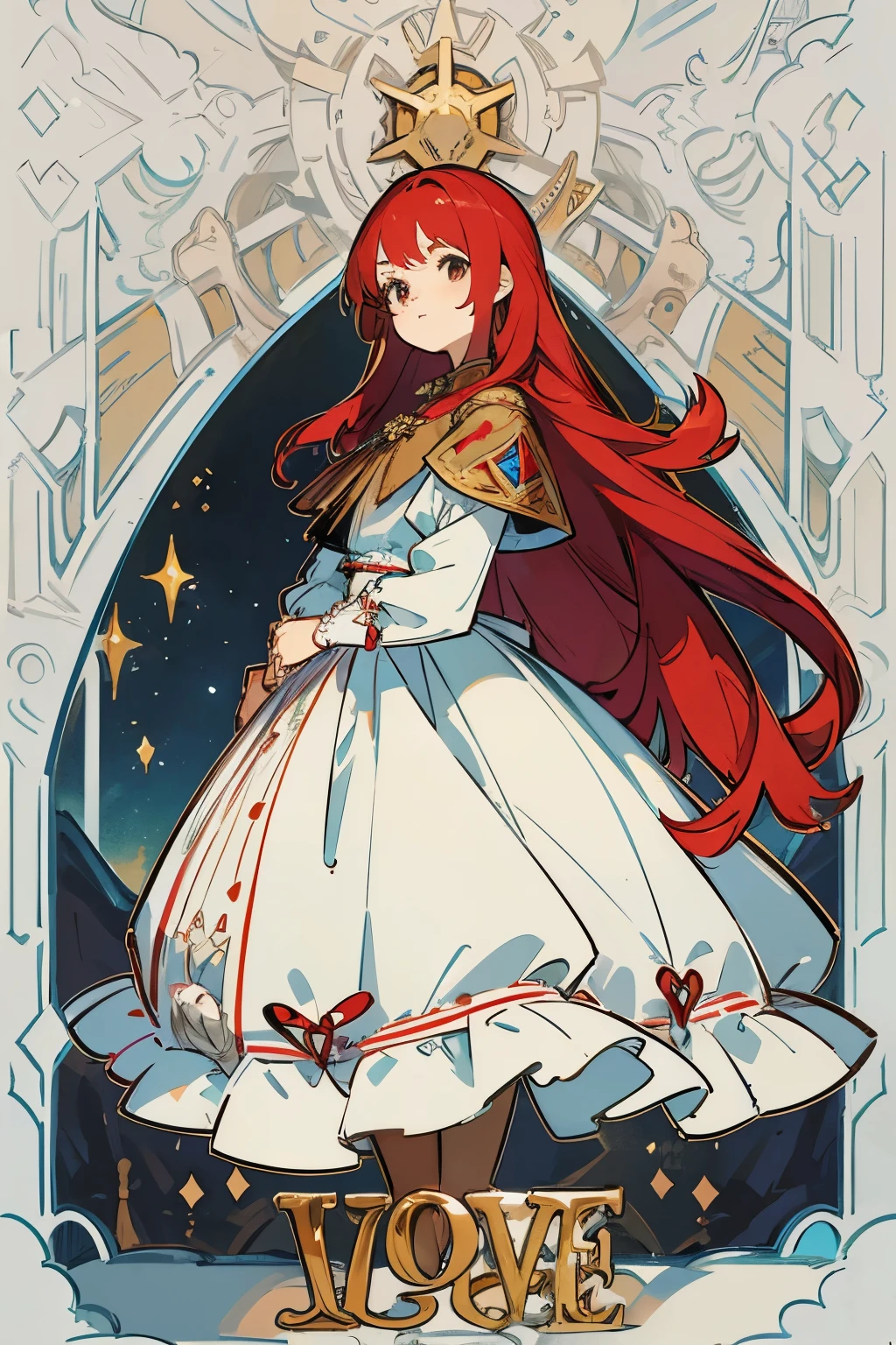 travel dress、16-year-old woman、beautiful、Design drawings、Character Design、red long hair、fantasy、medieval europe、noble、western、ornaments、whole body、front、8K、Super detailed、Jabot、frills
