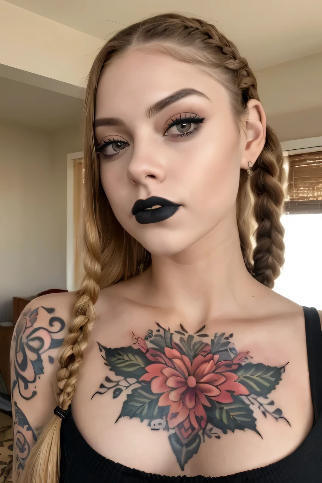 (Mejor calidad, 8k, 32k, obra maestra, HD:1.3), (Photo of attractive Caucasian woman with tattoos), 1 chica,  (pelo largo ondulado con trenzas), gargantilla,very pale skin,cara ultra detallada, labios detallados, Ojos finos, black lipstick, Ojos finos, double eyelids