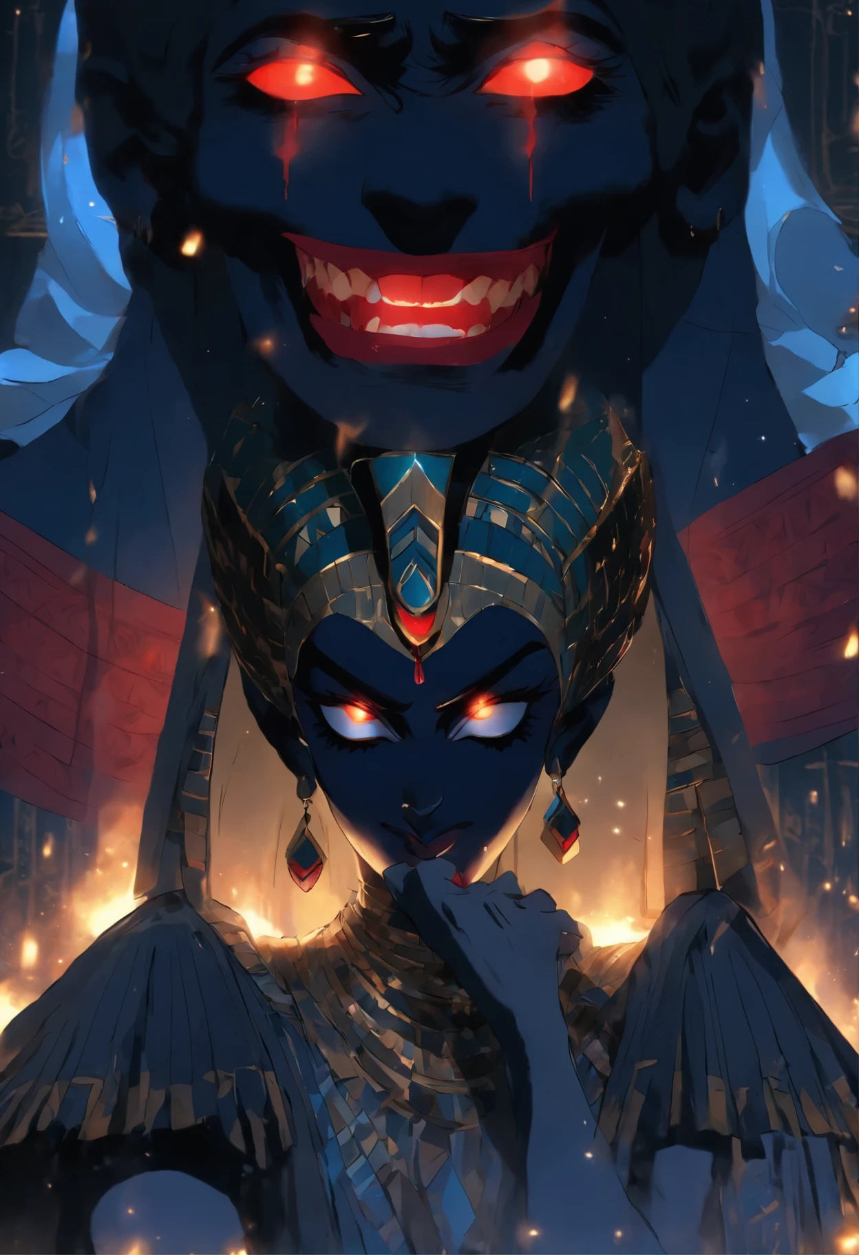 (Egyptian gothic priestess) shouting into the abyss, mysterious, enchanting, hauntingly beautiful, (detailed facial features, brutal corpse paint, piercing eyes, dark red lips), (tattered flowing ceremonial robes), (sigillum dei aemeth necklace), (candlelit backdrop, ominous atmosphere), (best quality, highres, ultra-detailed), (dramatic lighting, shadows, ethereal glowing), (beautifully composed, intricate details), (evokes a sense of desire and forbidden allure).