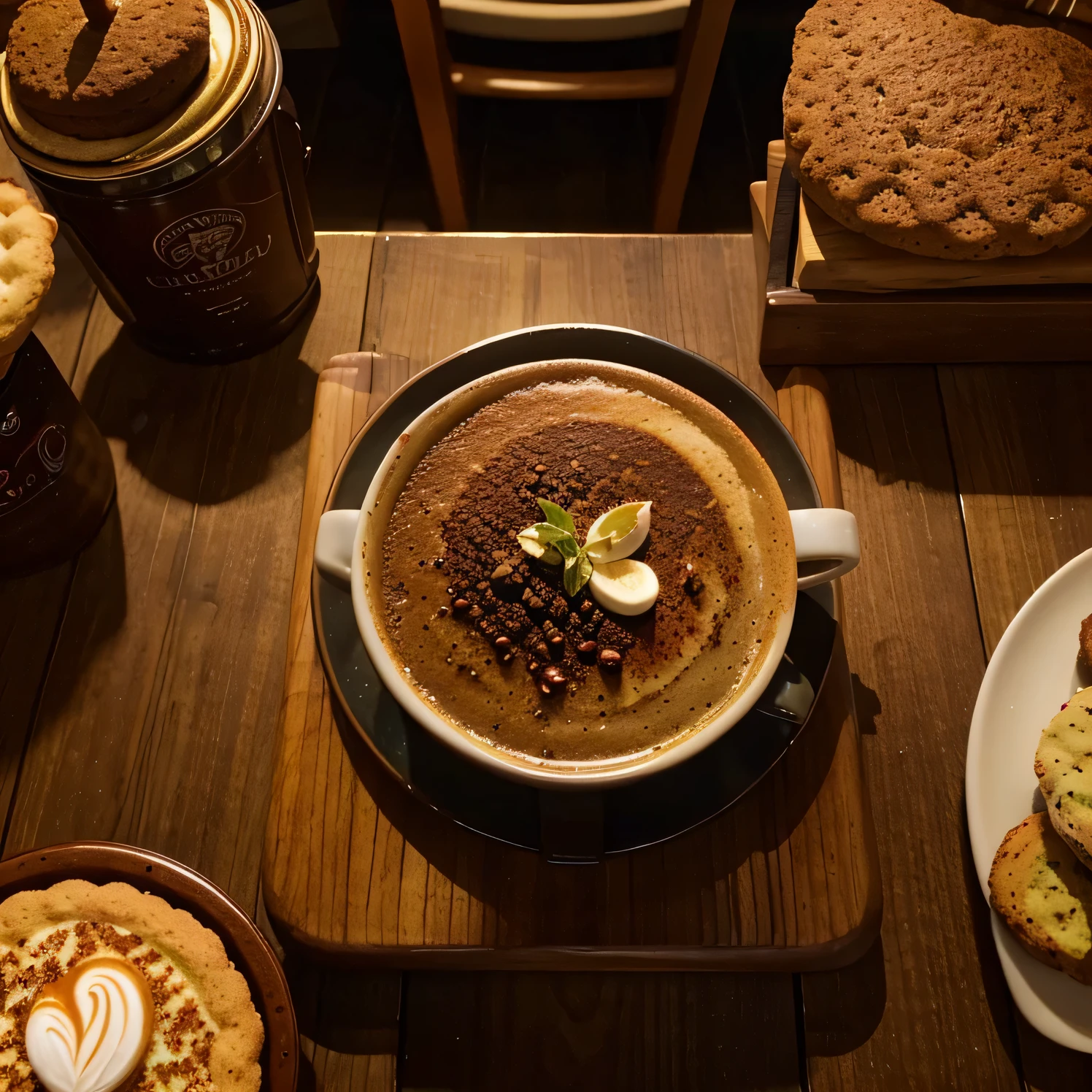 Indulge in a captivating culinary experience with a birds-eye view of a delightful spread at a cozy coffee shop. Immerse yourself in the rich hues of Rooi Bos tea, its earthy aroma dancing through the air. Accompanying it, a perfectly paired biscuit awaits, promising a symphony of flavors in every sip and bite.