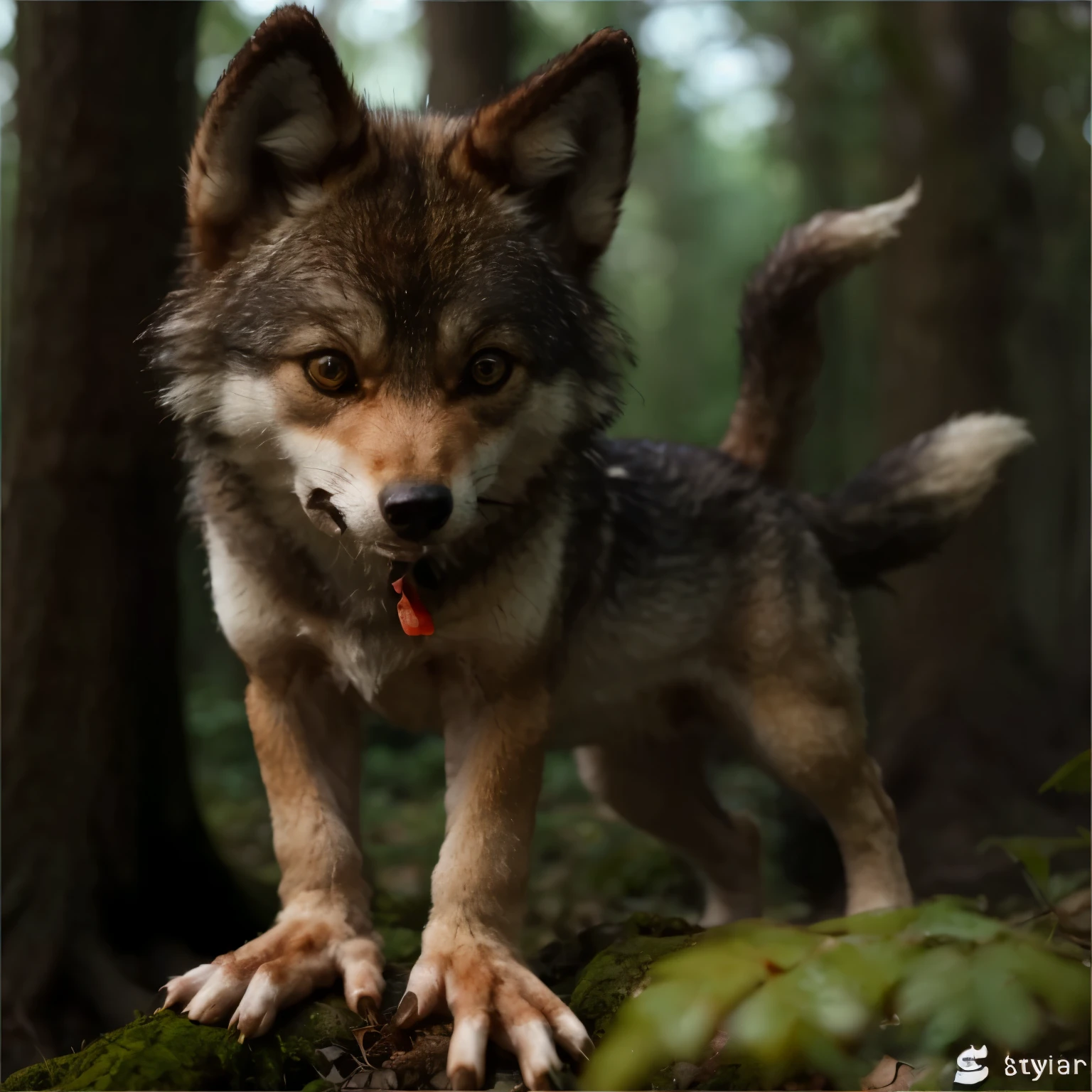 small wolf with its front paws shaped like human hands. Forest in the afternoon