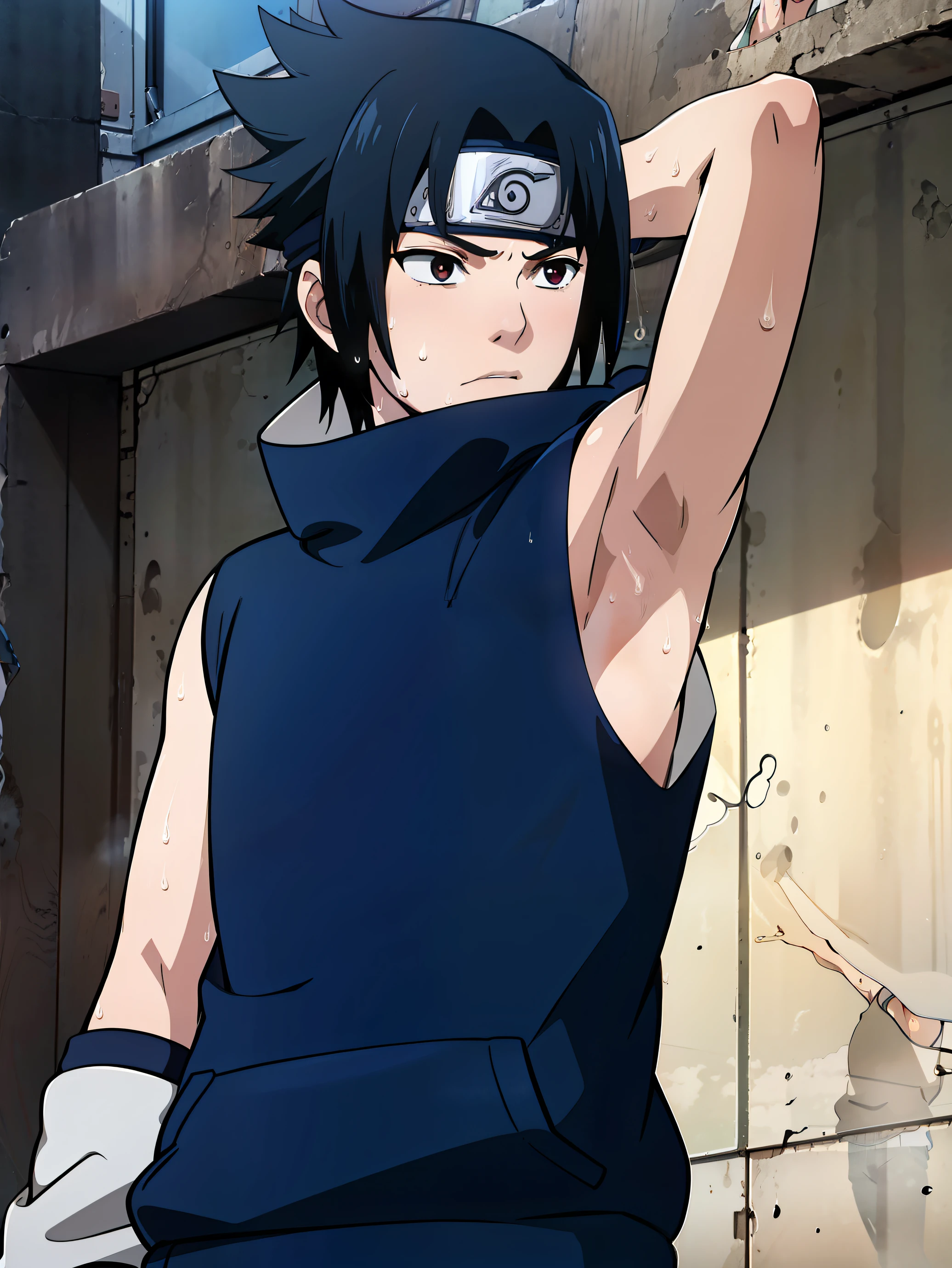 Highres, Masterpiece, Best quality at best,Best Quality,hight quality, hight detailed, 1boy, Sasuke uchiha, Shota, Sleeveless hoodie, Sweat, (Showing armpit:1.3), Seen from front, ( boy), 12-ye-olys