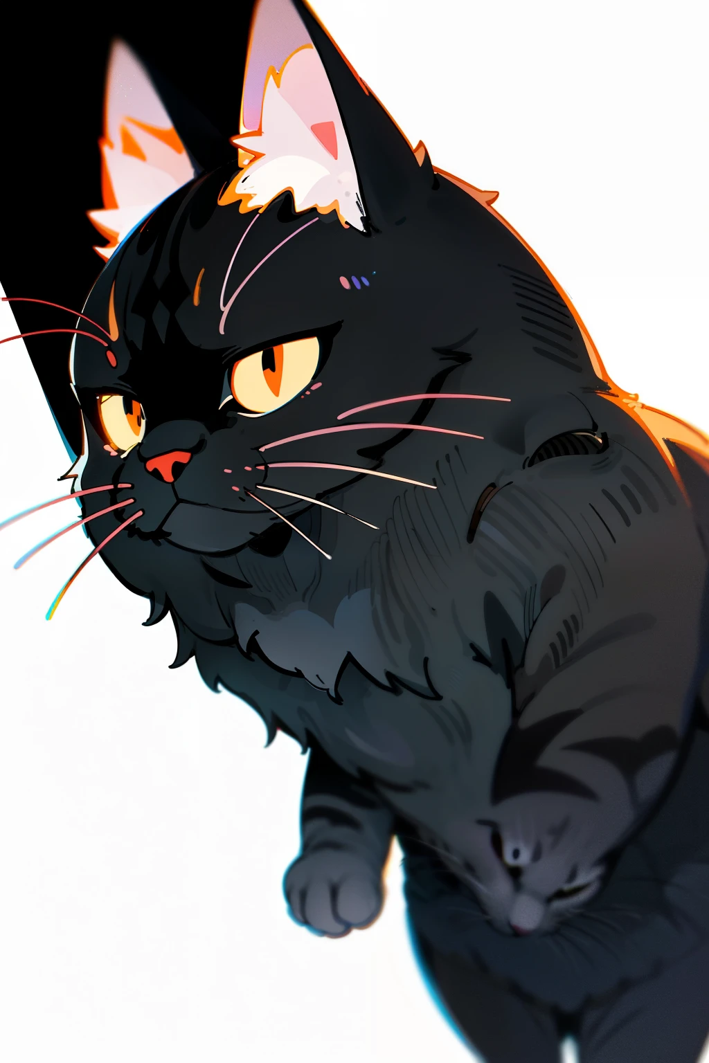 One realcat with an adorable sticker on its head, experiencing a moment of shyness in the dark. Kawaii contour lines accentuate its features against a vector background. White background ensures a clean and focused presentation of this detailed feline character.