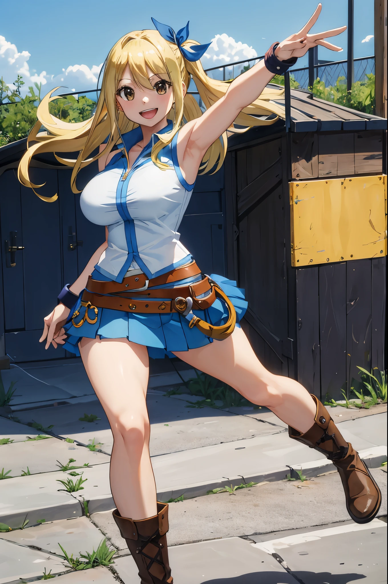 masterpiece, best quality, highres, lucy heartfilia, blonde hair, long hair, large breasts, yellow shirt, sleeveless, belt, blue skirt, cowboy shot, standing, looking at viewer, outdoors, waving, smile, open mouth,