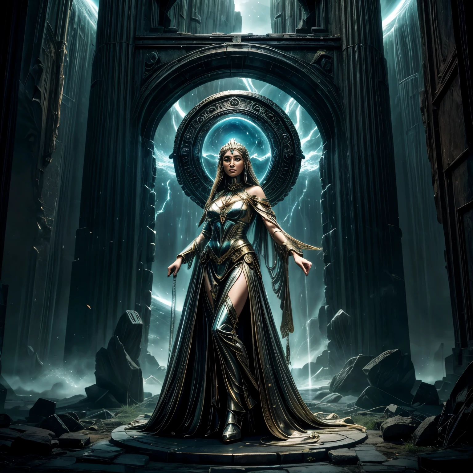 Forgotten Gateway of Time and Space, discharging from the Gateway frame, goddess standing near the Gateway ,