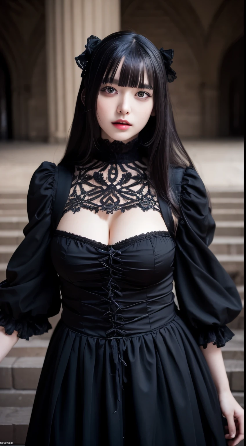 masterpiece, Highest quality, figure, Super detailed, In detail, High resolution, 8k wallpaper, Perfect dynamic composition, Beautiful attention to detail, Gothic ta, Frilled Skirt, (Black Hair 1.2), (Huge breasts:1.4), Cleavage, nice pose, sneer, Mansion, 18-year-old girl, nice, (cute:1.3), (Beauty:1.5), sexy shot looking at camera, Glancing sideways, Glare, Bad mood, Downer, Cool, boyish, Looks sleepy, smile, Portraiture, Gothic Makeup, full body shot,