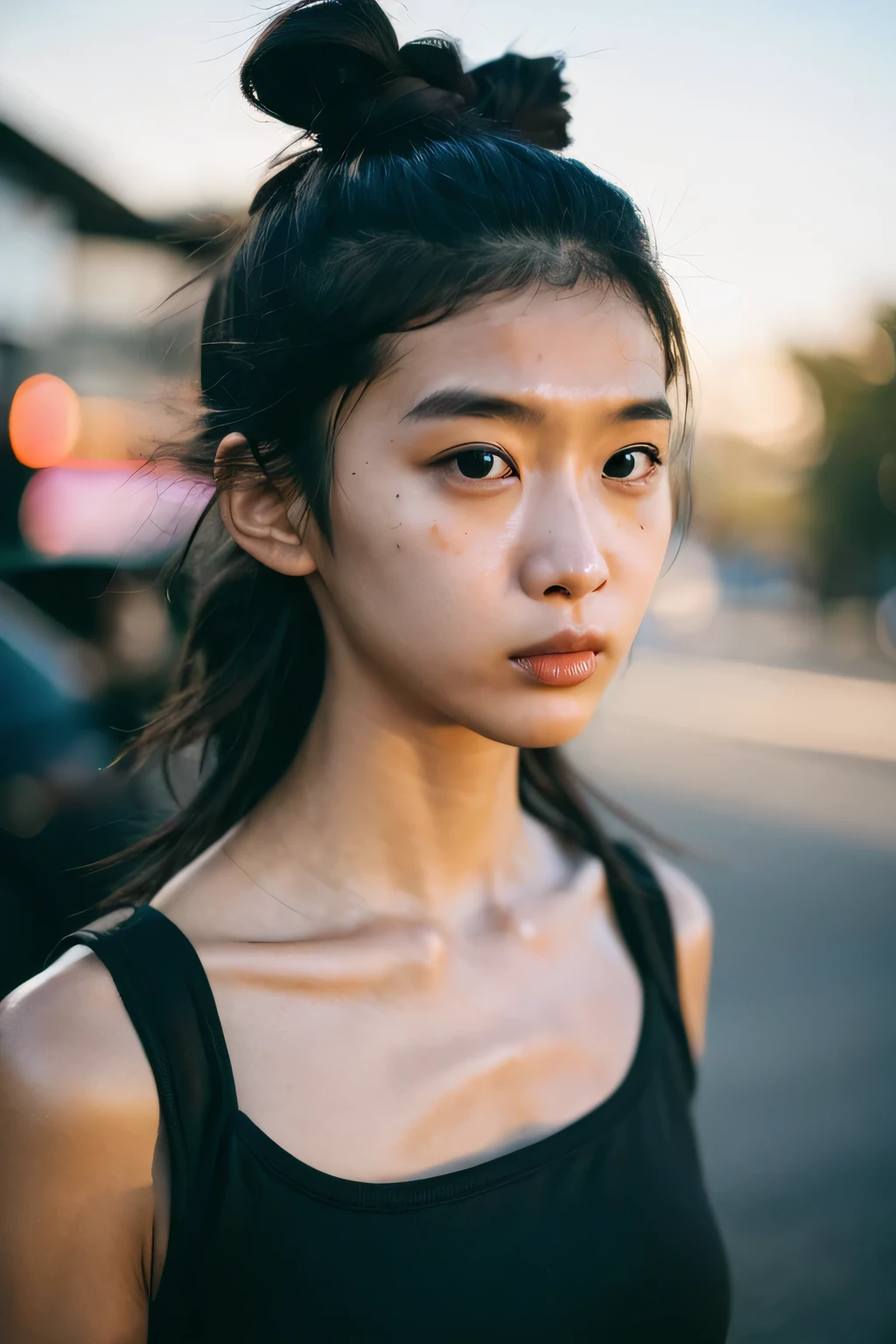 1 girl, Idol, close, clavicle, ,, photograph, movie, written boundary depth, skin texture, T-shirt, rubber band, topknot, long hair, messy hair