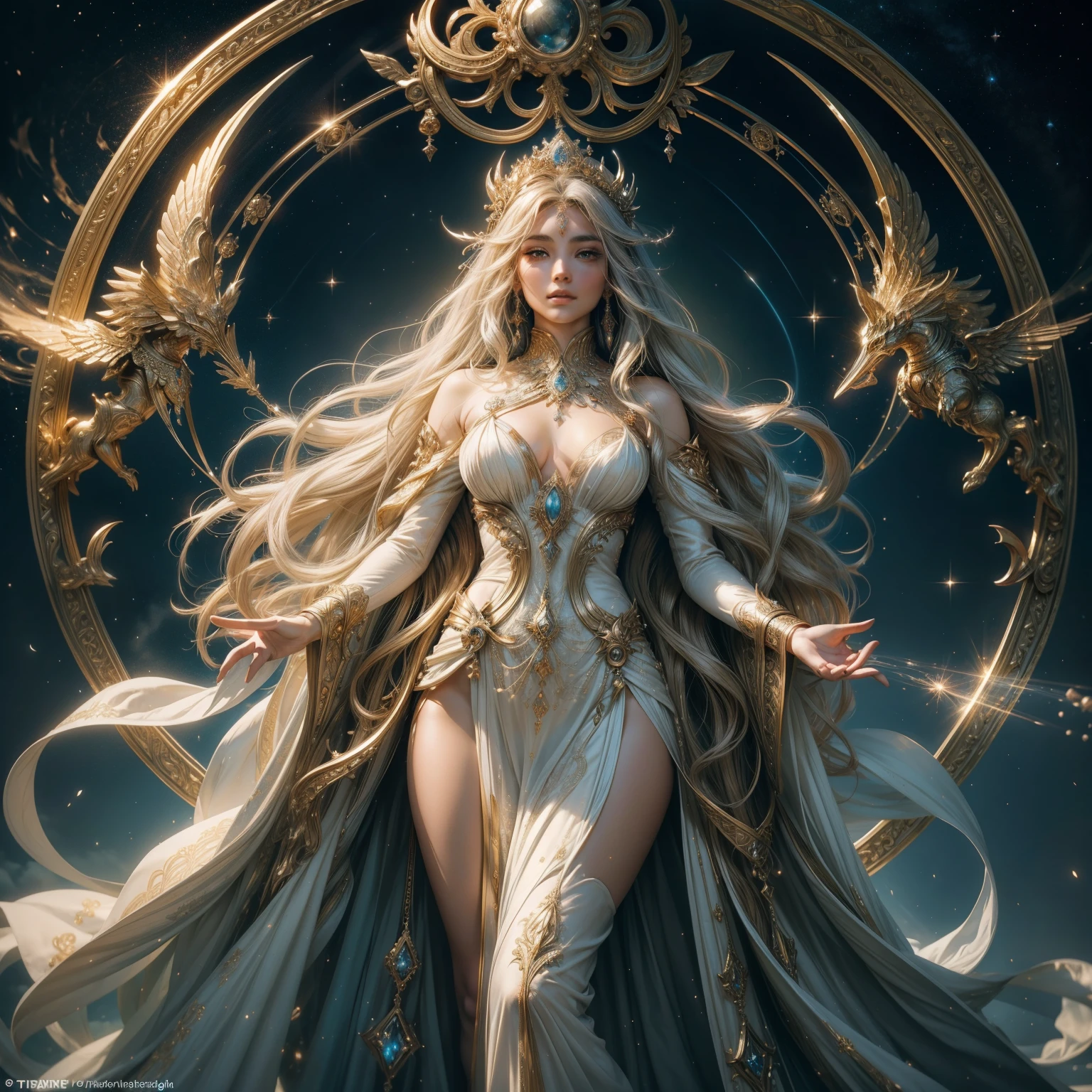 (Masterpiece, Best Aesthetic), Forgotten Gateway of Time and Space, radiating an ethereal glow, Discharging from the Gateway frame, a goddess figure clad in celestial robes, intricately detailed, Gently reaching out towards the shimmering portal, ultra detailed, Expressing a tranquil and serene countenance, beautifully detailed face, Her long, wavy hair cascading down in soft waves, finely detailed, Stepping gracefully on the hallowed ground, leaving a gentle trail of light behind, Surrounded by an enchanting aura, Distinctive features adorn her goddess form, radiant skin texture, spark