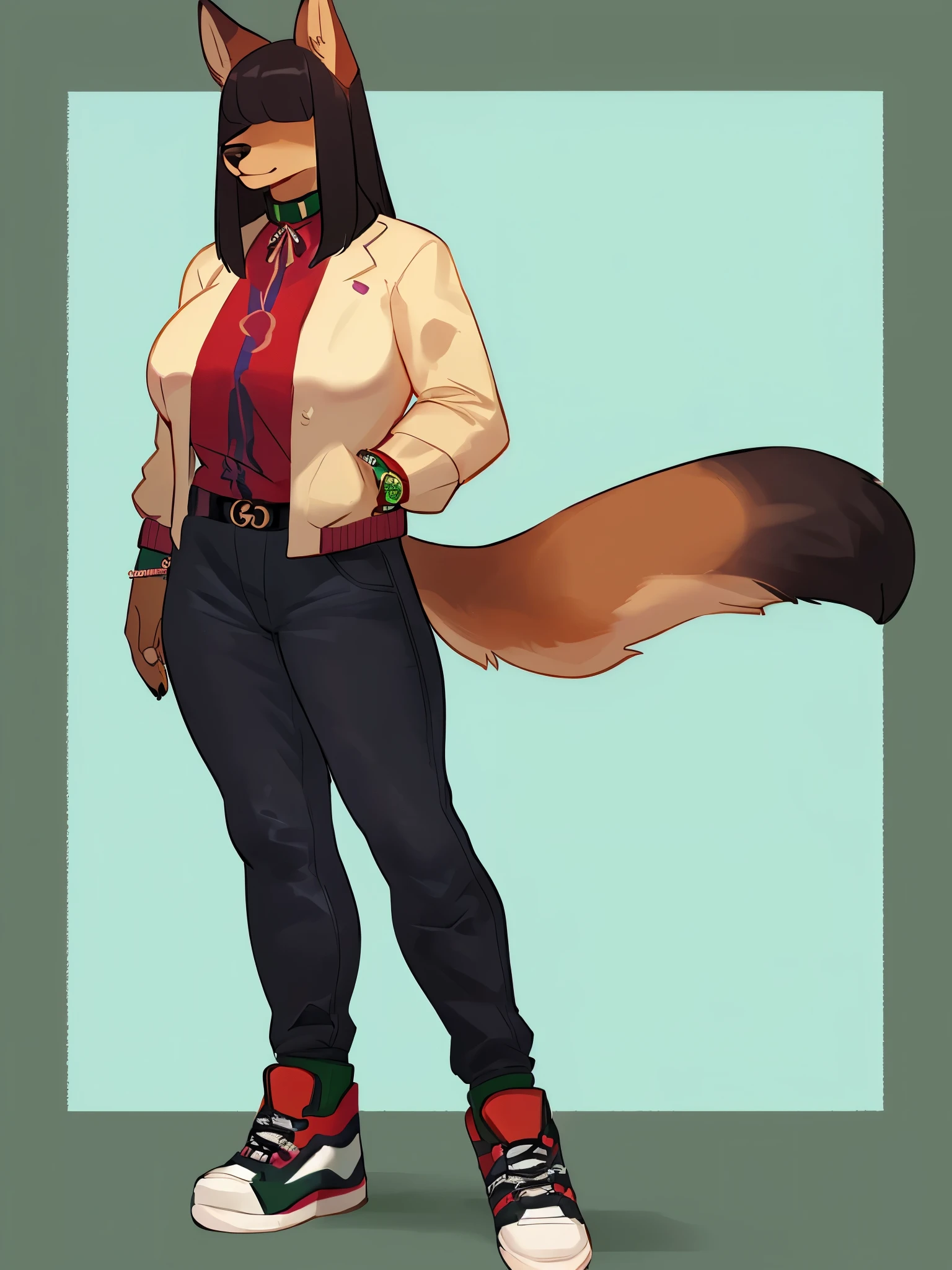 By bebebebebe, by lostgoose, by goonie-san, female, ((canine, snout, hair covering eyes, straight hair, medium hair, flat hair, ears, thin snout)), brown fur, big poofy tail, raised tail, dark maroon hair, ((muscular, big breasts)), solo, standing, ((designer clothes, gucci canvas jacket, black gucci jeans, black goochie sneakers, rolex watch)),