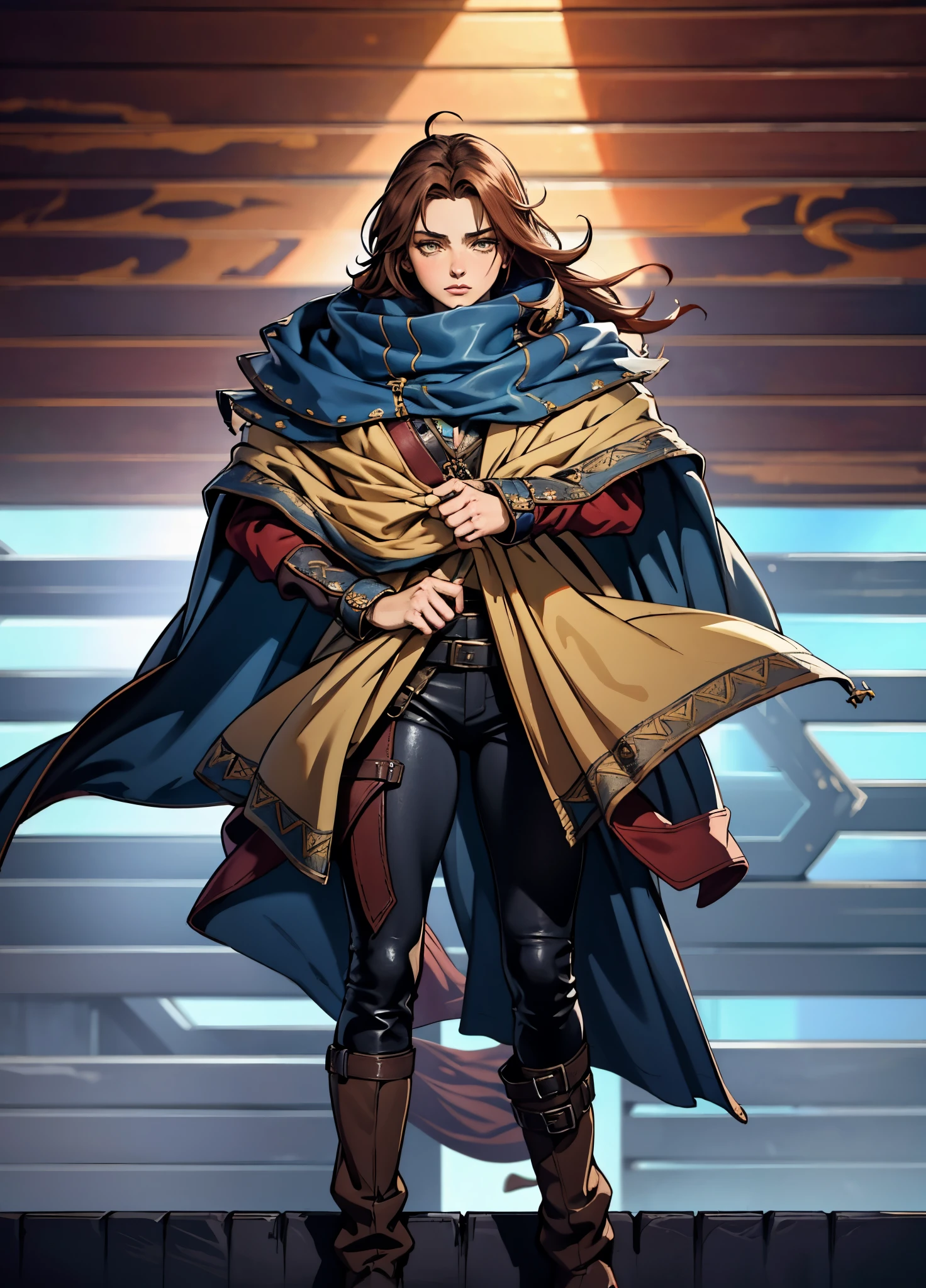 A woman with short reddish-brown hair, a determined gaze, her upper body is enveloped in a heavy cloak with leather accents, the cloak covers the lower half of her face, a tight-fitting long leather trench coat with ethnic-style details at the hem underneath, coarse fabric pants, sturdy knee-high leather boots, the background depicts a fantasy-style western town with swirling yellow sand, this character embodies a finely crafted fantasy western-style female shaman in anime style, exquisite and mature manga art style, high definition, best quality, highres, ultra-detailed, ultra-fine painting, extremely delicate, professional, anatomically correct, symmetrical face, extremely detailed eyes and face, high quality eyes, creativity, RAW photo, UHD, 8k, Natural light, cinematic lighting, masterpiece-anatomy-perfect, masterpiece:1.5