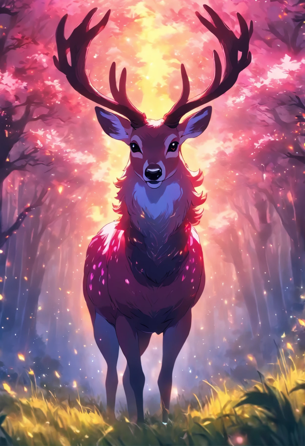 a detailed anime drawing of a large adult ((pink)) deer with ((bright yellow eyes)) that gives off a aura of grace with large heart-shaped antlers dashing through a meadow by itself