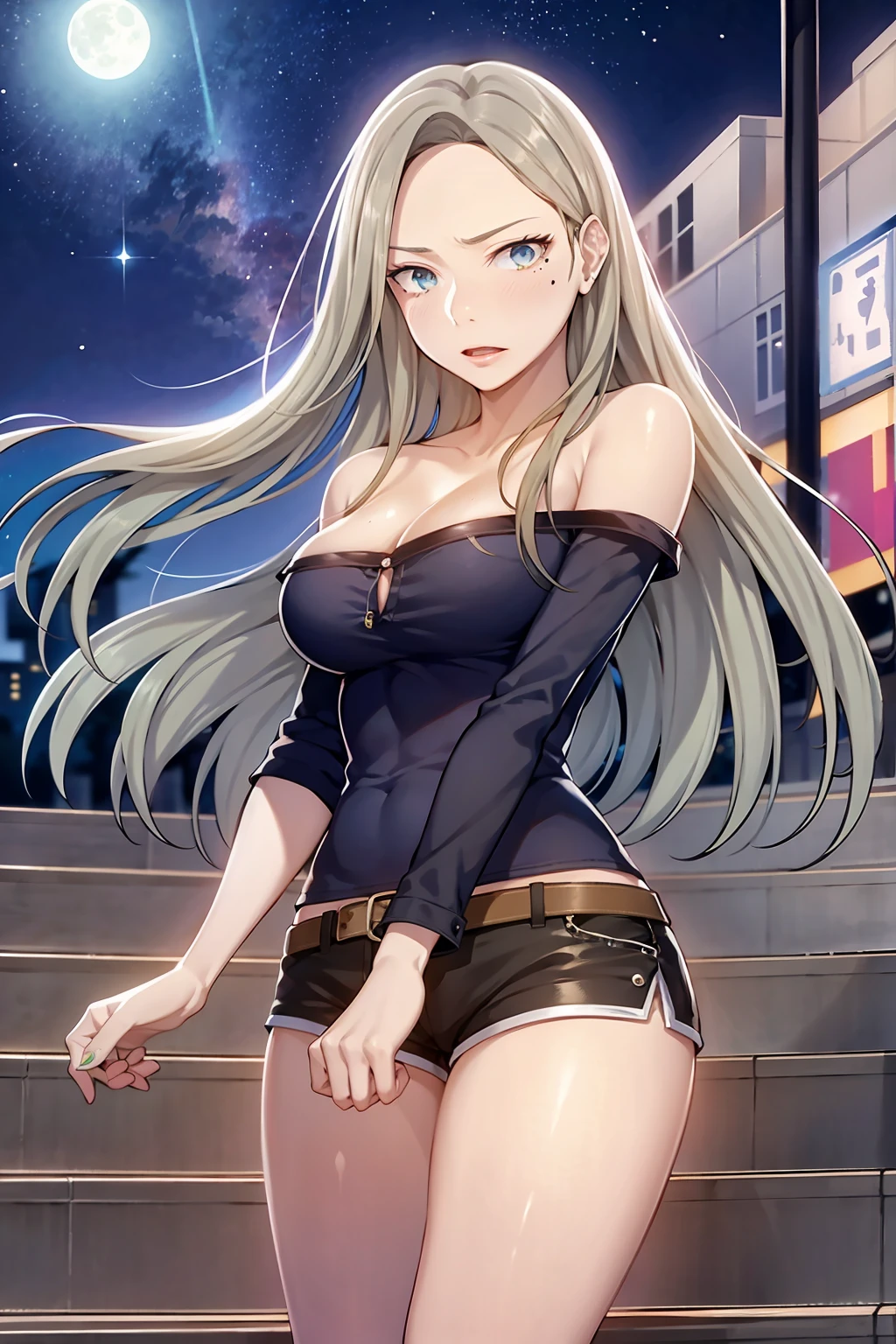 star \(sky\), starry sky, night, 1girl, night sky, breasts, sky, thigh strap, jacket, shooting star, long hair, solo, cleavage, shorts, large breasts, bare shoulders, moon, thighs, off shoulder, skyscraper, very long hair, city lights, black shorts, looking at viewer, stairs, full moon, skindentation, skyline, mole, aurora, o-ring, short shorts