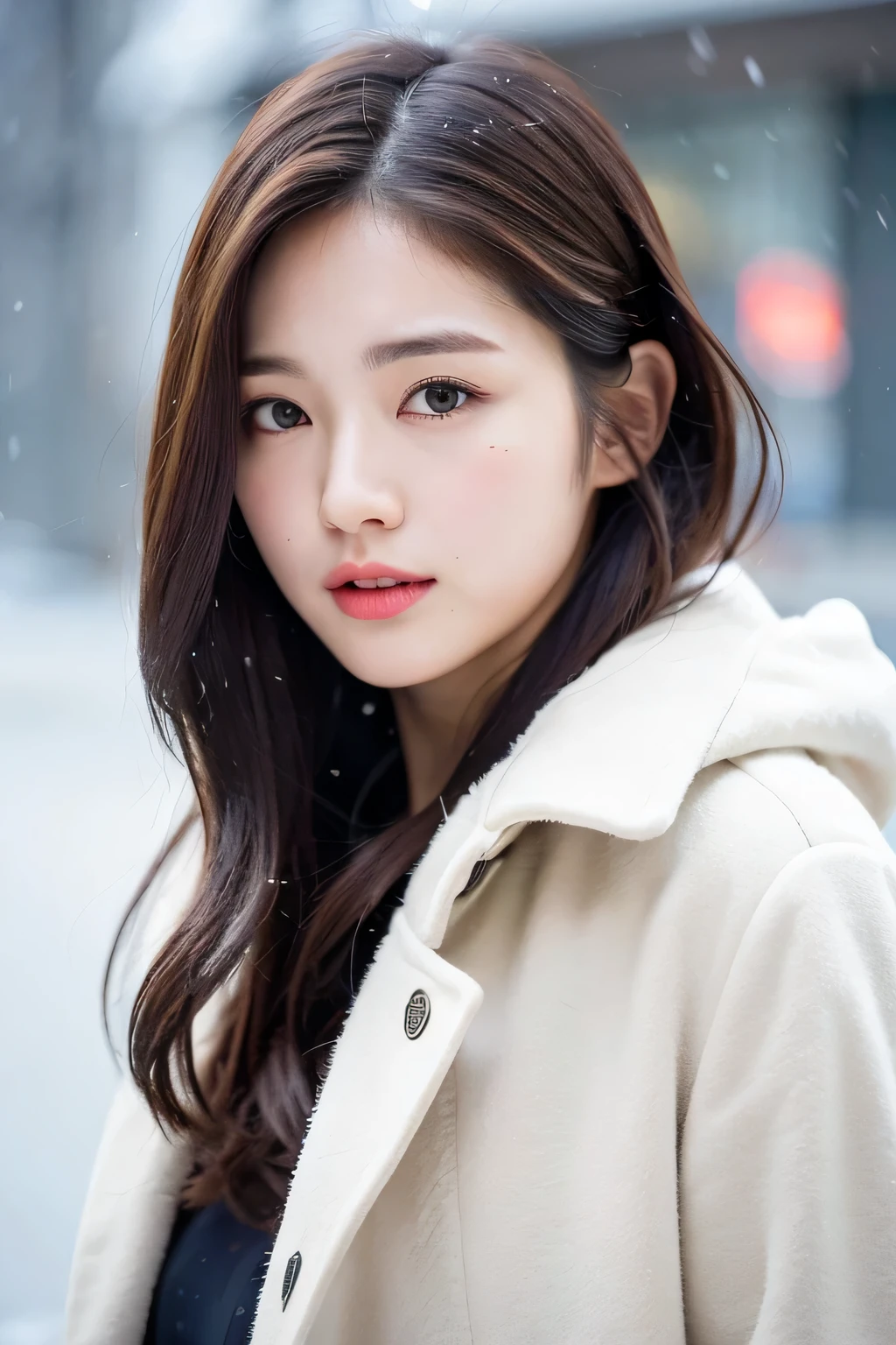 realistic photos oF (1 cute Korean star) shoulder length hair, subtle makeup, average breast size, wearing coat, In the snow, clear Facial Features, 8k high resolution, Clear and realistic details.From outside, Shot at eye level, F/4.0, 135 mm, FujiFilm, jpeg artiFacts, Smoothing, UHD, masterpiece