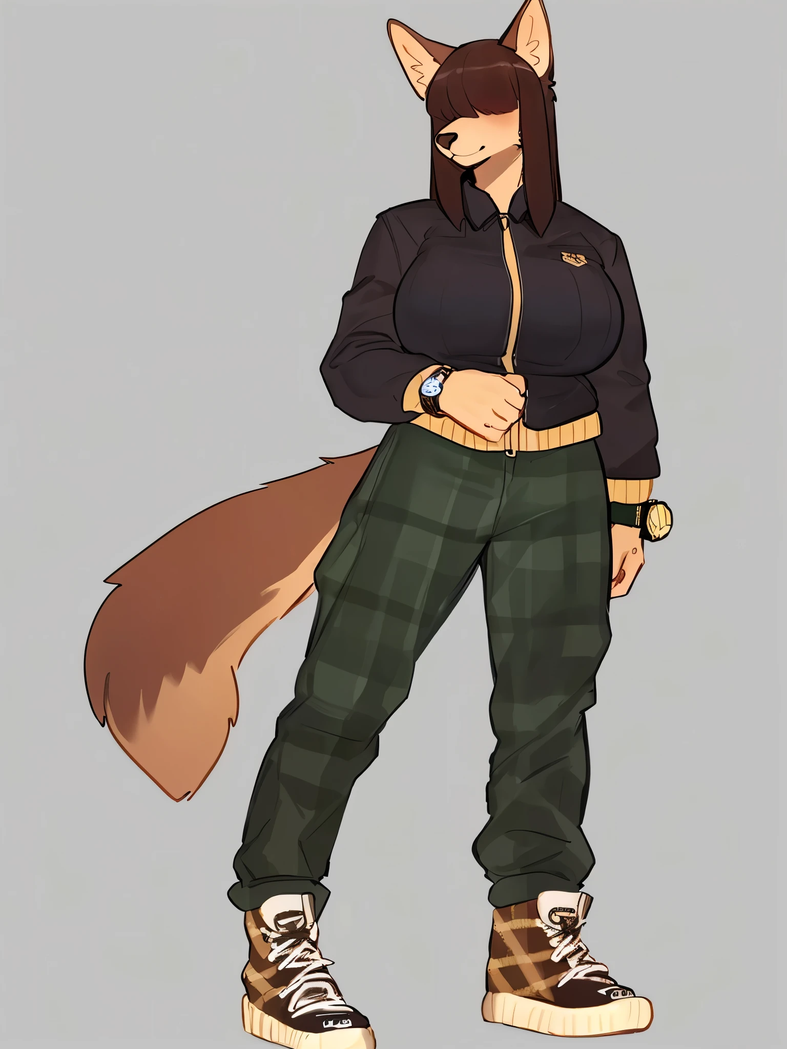 By bebebebebe, by lostgoose, by goonie-san, female, ((canine, snout, hair covering eyes, straight hair, medium hair, flat hair, ears, thin snout)), brown fur, big poofy tail, raised tail, dark maroon hair, ((muscular, big breasts)), solo, standing, ((designer clothes, burberry canvas jacket, burberry pants, yeezys, rolex watch)),