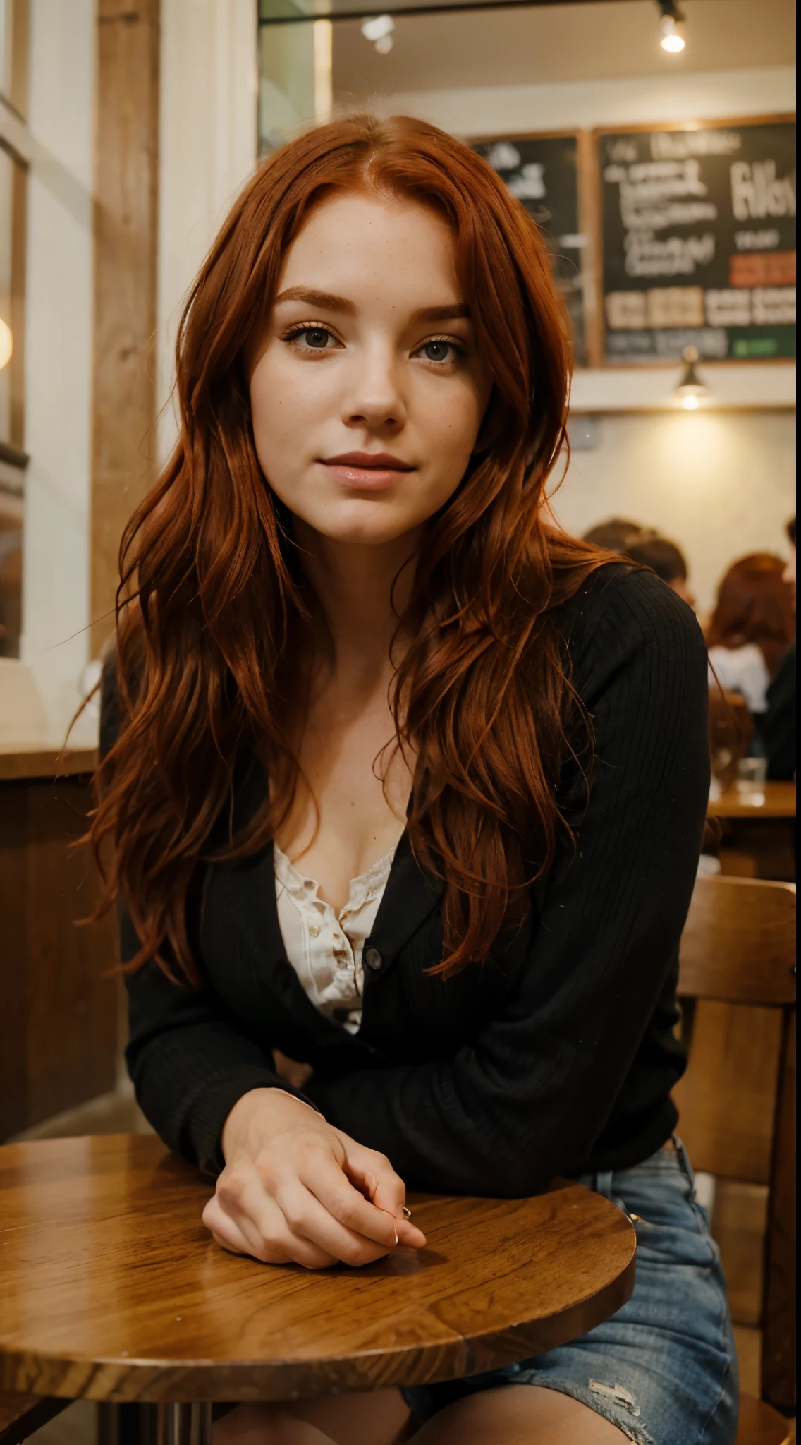 Irish woman, pretty wavy red hair, in a cafe sitting at a table
