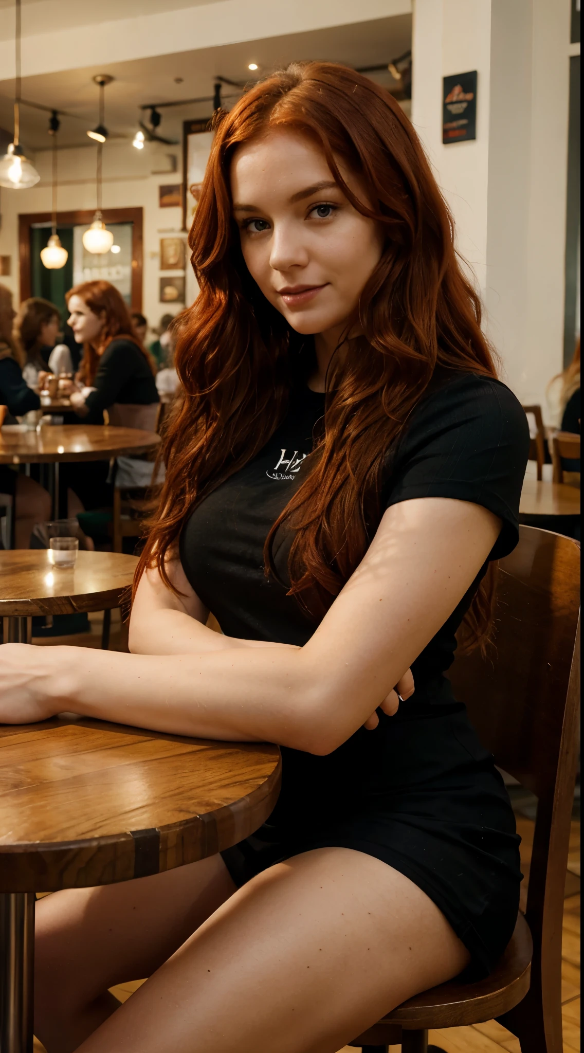 Irish woman, pretty wavy red hair, in a cafe sitting at a table
