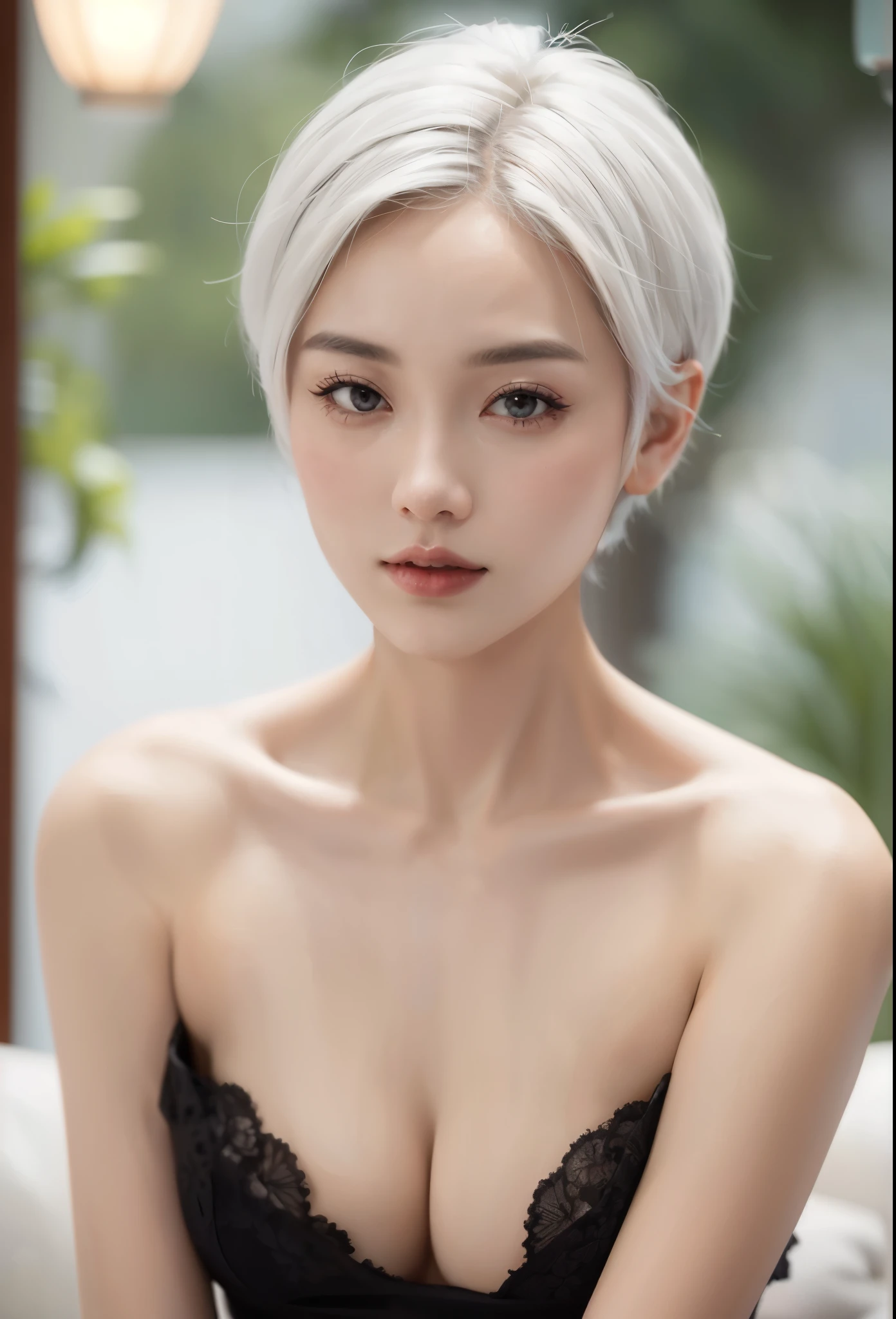 Close-up of a woman with large breasts, girl with short white hair, perfect White hair girl, beautiful asian girl, beautiful asian woman, 白色short hair, short hair, Soft portrait shots 8K, short white hair, Gorgeous Chinese model, White hair, White-haired, beautiful young asian woman, an asian woman, White hair lady