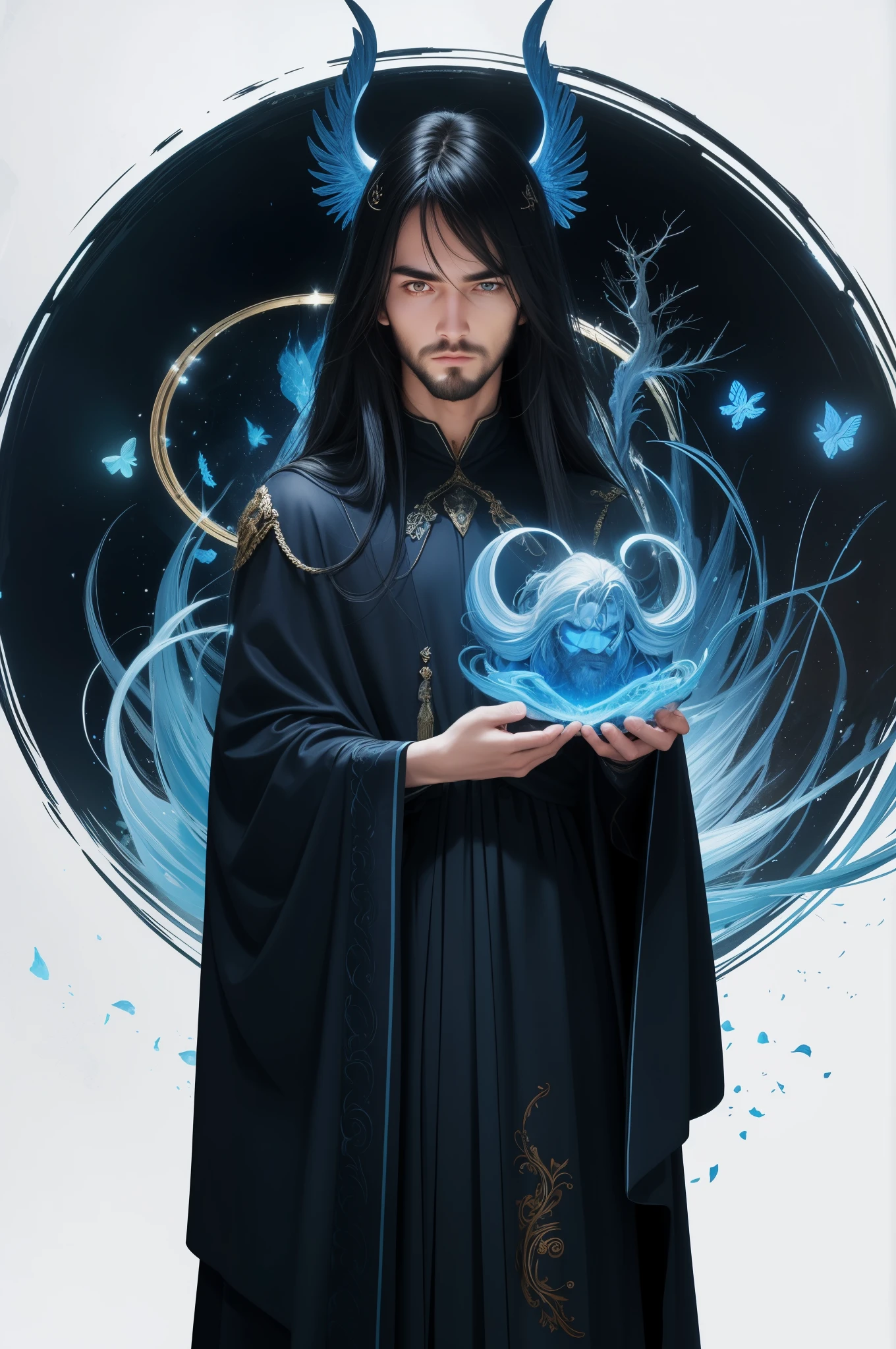 (best quality,realistic:1.2),1man version of the character,cartoonish style,fantasy,mystical glowing eyes,flowing hair,bearded face,intense expression,strong physique,bold and heroic pose,vibrant colors,detailed clothing,elaborate armor,elegant cape,in a dramatic pose,against a scenic backdrop,with mystical creatures in the background,soft and warm lighting