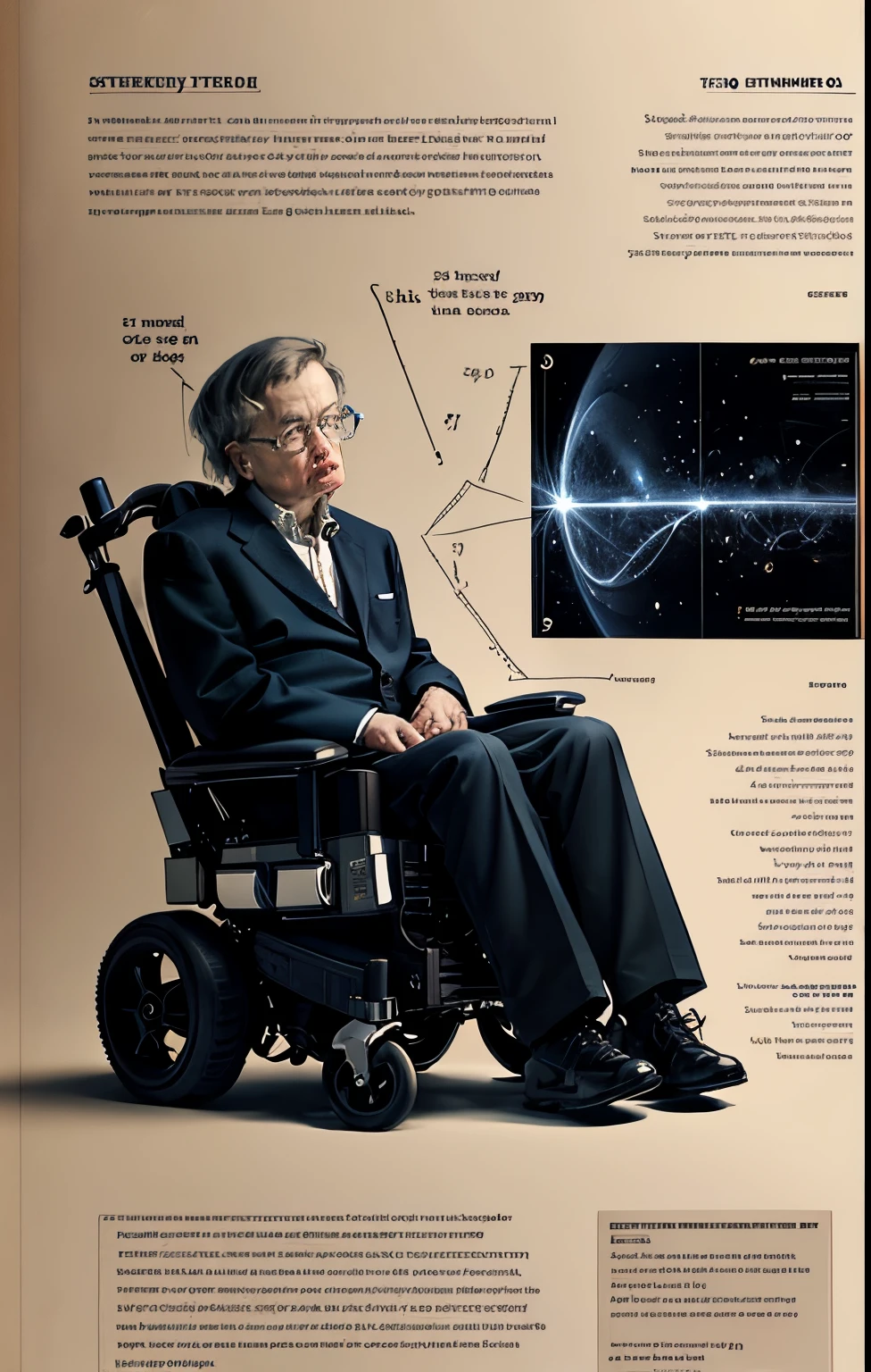 Stephen Hawking's breakthroughs in theoretical physics, with equations and diagrams appearing alongside