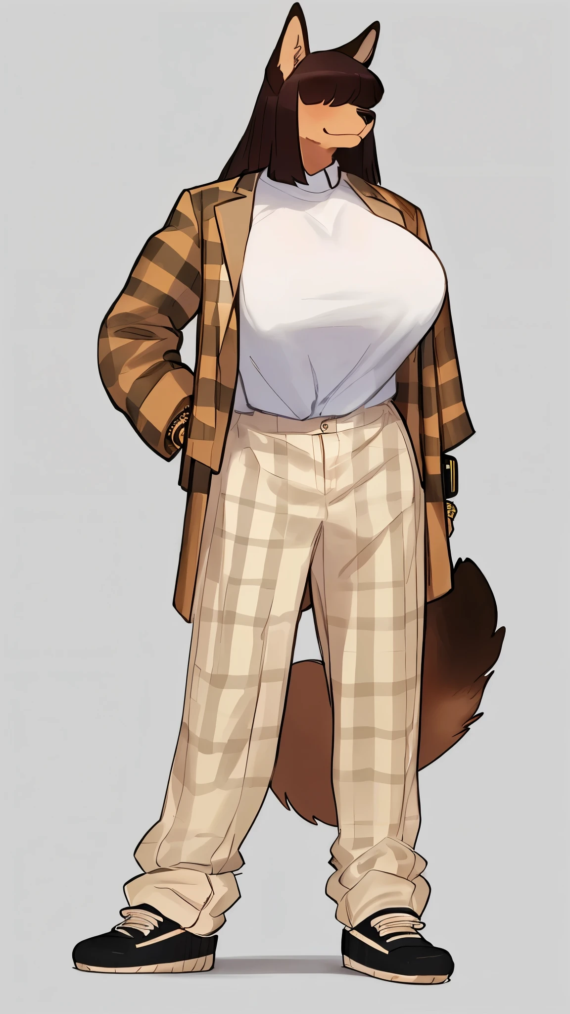 By bebebebebe, by lostgoose, by goonie-san, female, ((canine, snout, hair covering eyes, straight hair, medium hair, flat hair, ears, thin snout)), brown fur, big poofy tail, raised tail, dark maroon hair, ((muscular, big breasts)), solo, standing, ((designer clothes, burberry canvas jacket, burberry pants, yeezys, rolex watch)),