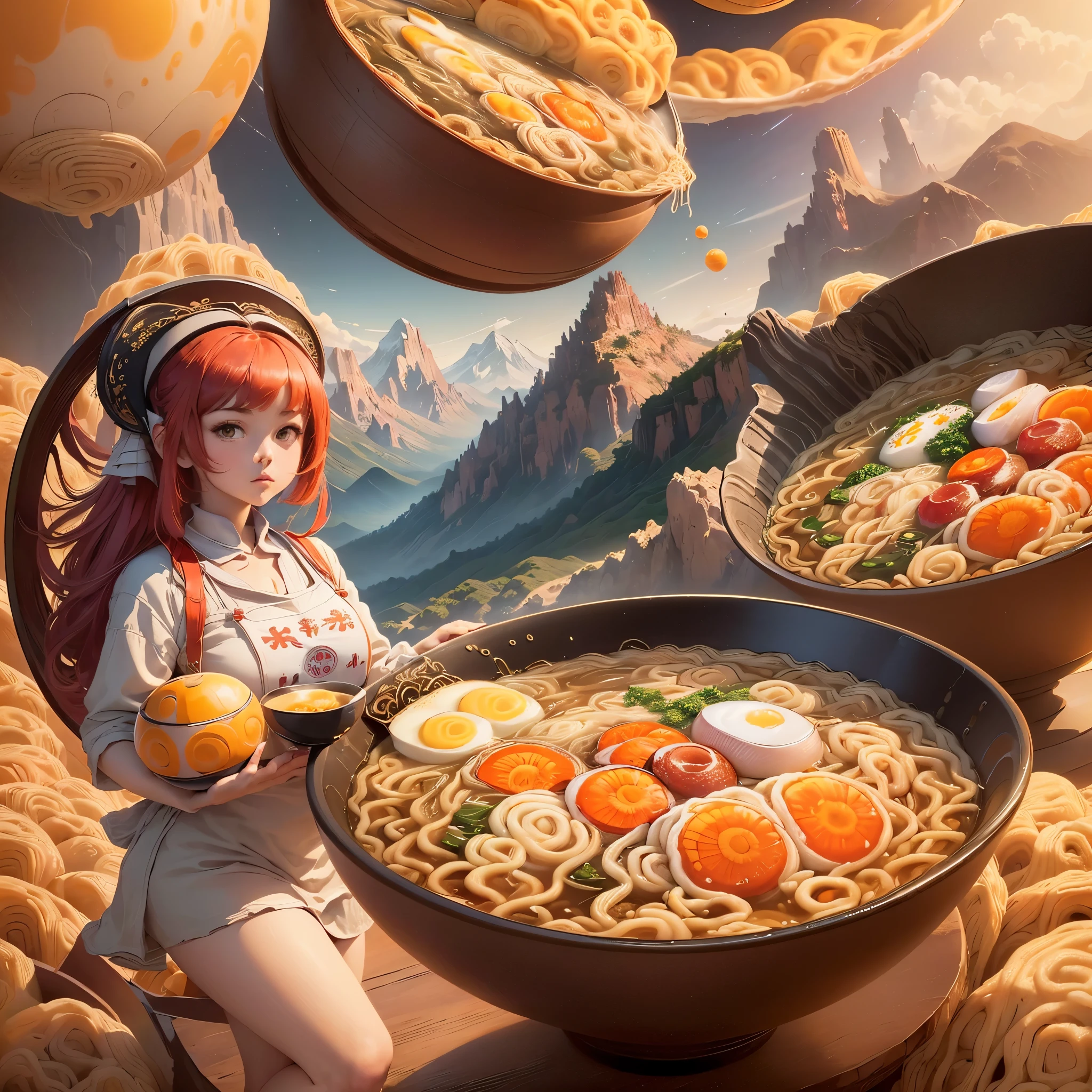 masterpiece, highest quality, ((Landscape with many planets floating)), 1 girl, ((((Hold a giant bowl of ramen)))), ((Ramen as big as your face)), ((mountains on the hand)), red bob hair, amber eyes, ruffle dress, ((diagonally)), perfect face, Mysterious, (facing the front), Detailed and beautiful, matic