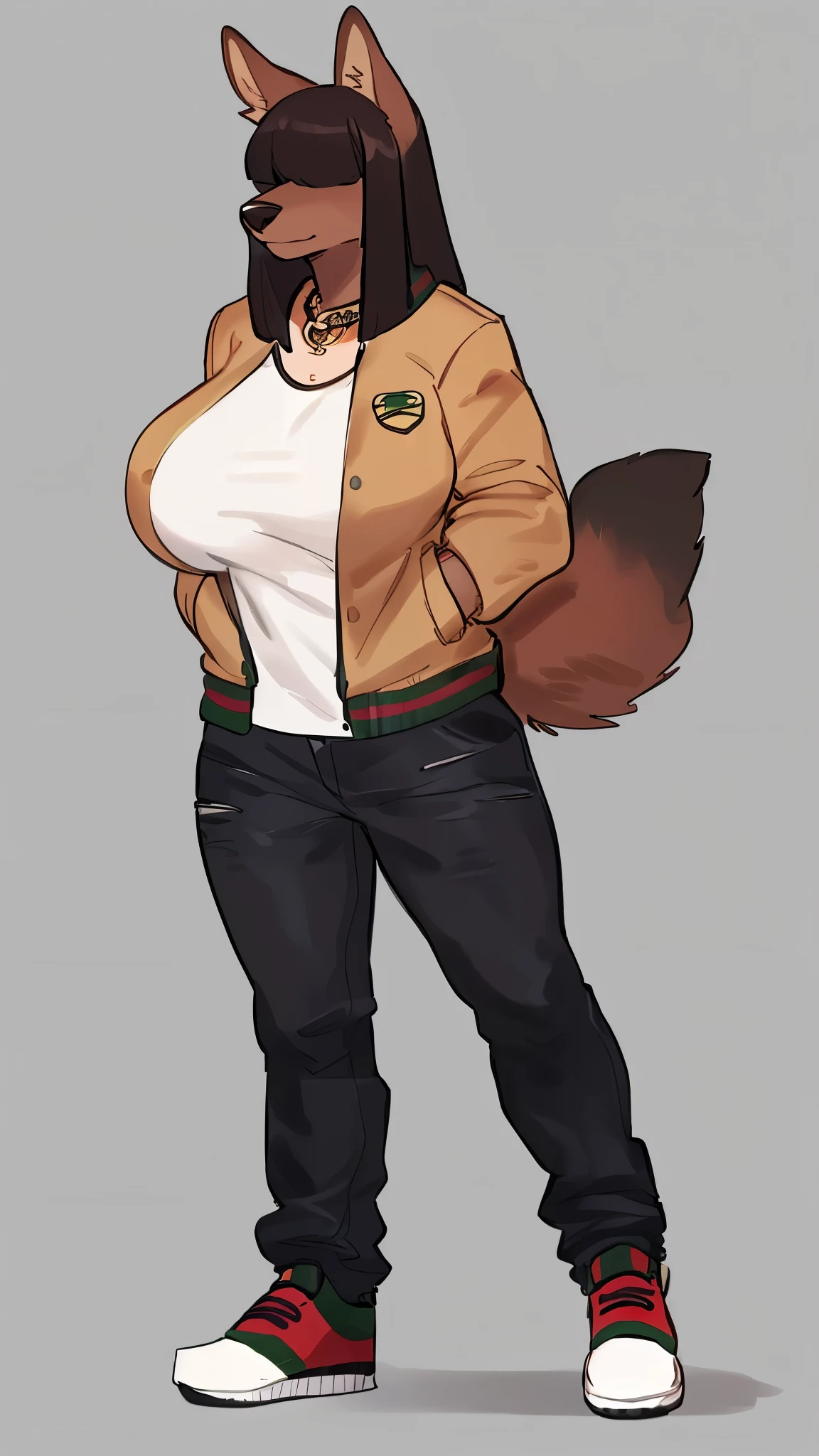 By bebebebebe, by lostgoose, by goonie-san, female, ((canine, snout, hair covering eyes, straight hair, medium hair, flat hair, ears, thin snout)), brown fur, big poofy tail, raised tail, dark maroon hair, ((muscular, big breasts)), solo, standing, ((designer clothes, gucci canvas jacket, black gucci jeans, yeezys, rolex watch)),