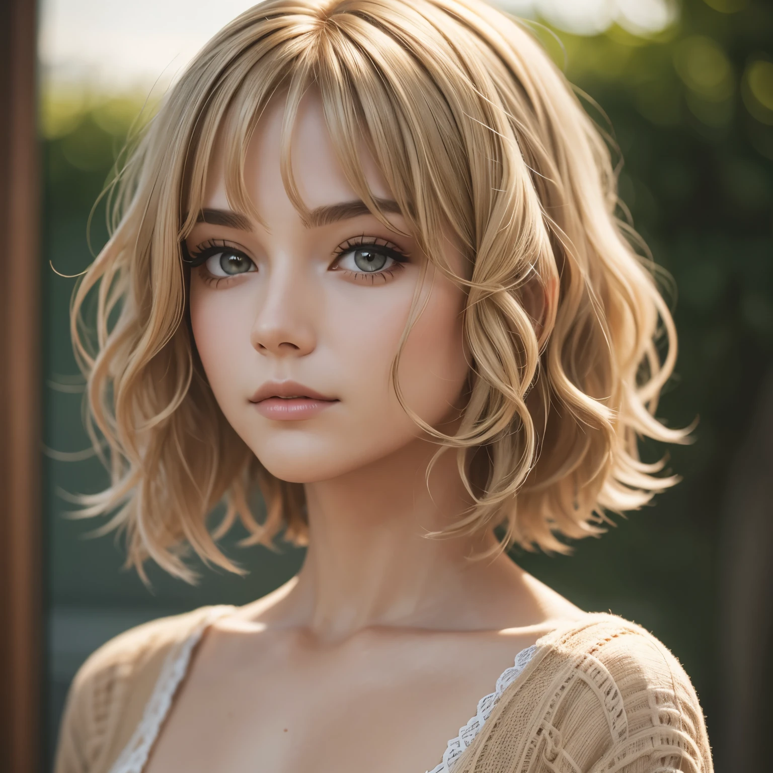 highly detailed, depth of field, woman, beige hair, short wavy hair