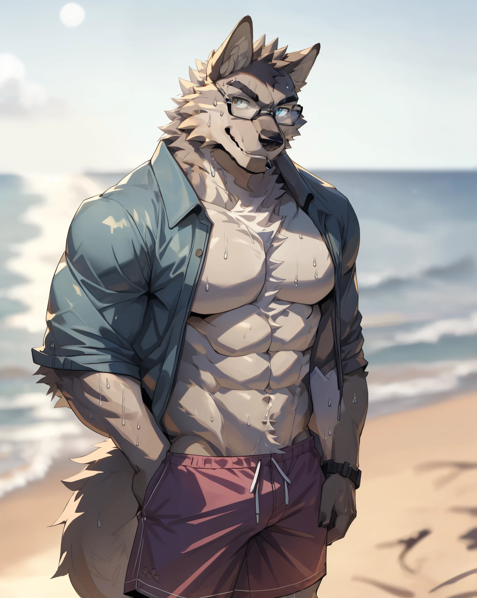 Brown wolf, furry, male, solo, looking at viewer, bad boy, ultra detailed, front view, (open clothing), blue shirt, shorts, wolf tail, abs, pecs. perfect lighting, CG, detailed fur texture, beach, clear glasses, sweat, thirsty, Hot weather, sea view