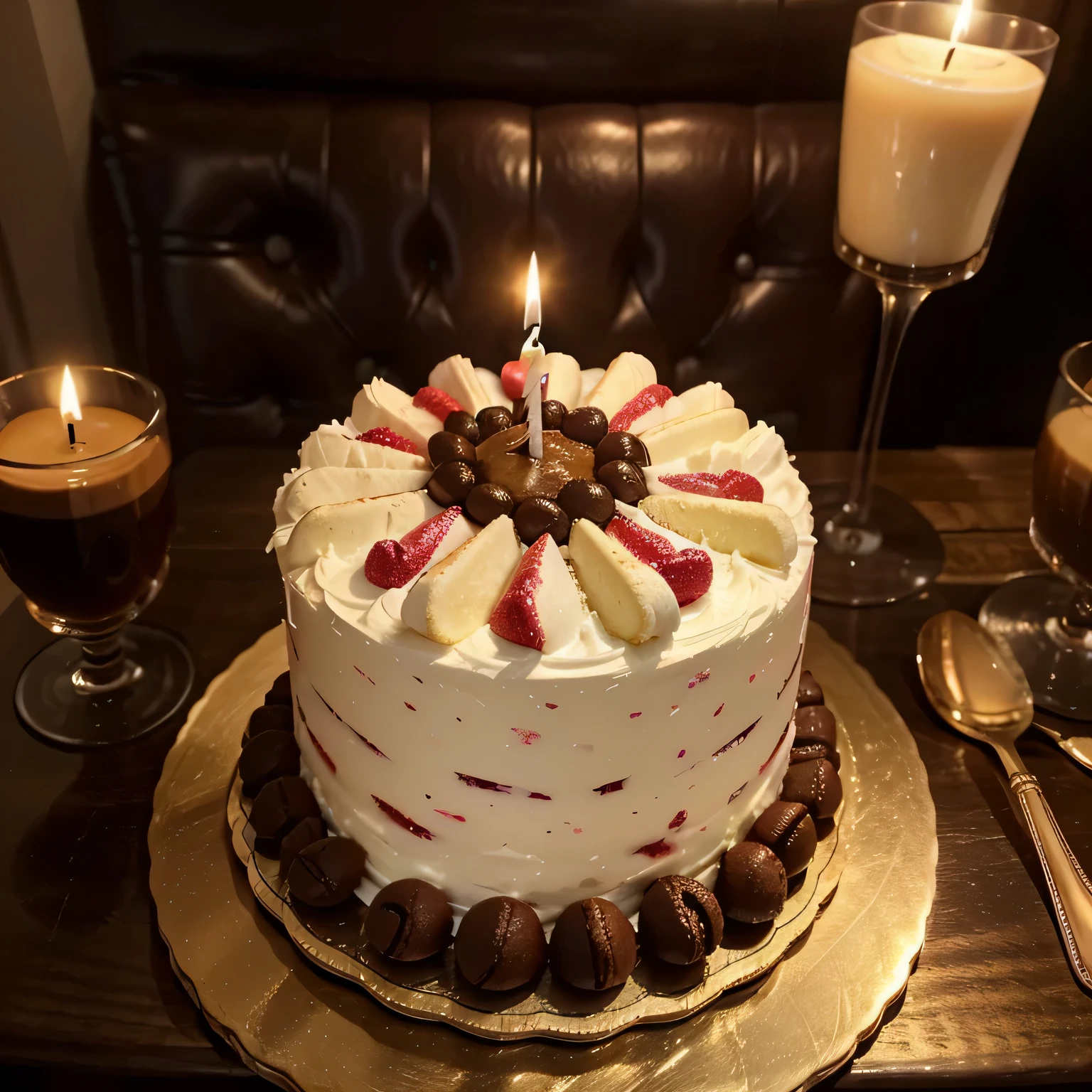 Indulge in the exquisite sweetness of a birthday celebration captured from a bird's eye view. A luscious birthday cake takes center stage, adorned with a mini cake and a flickering candle, creating a delightful tableau. Surrounding the confection is the cozy ambiance of a coffee shop, inviting you to savor the moment.