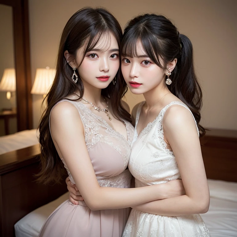 finely detail, high resolution, high quality、Perfect dynamic composition, Beautiful detailed eyes, PONY tail hair, Beautiful breasts 、Natural Color Lip, up of face,Kamimei、2 girls in、Transparent skin、Glowing hair、 luxury clothes、Fluffy skirt、intricate lace、complex dress、intricate hair ornament、Complex earrings、Complex necklaces、bedroom, hug together, perfect hands, perfect fingers , hourglass body, clevage