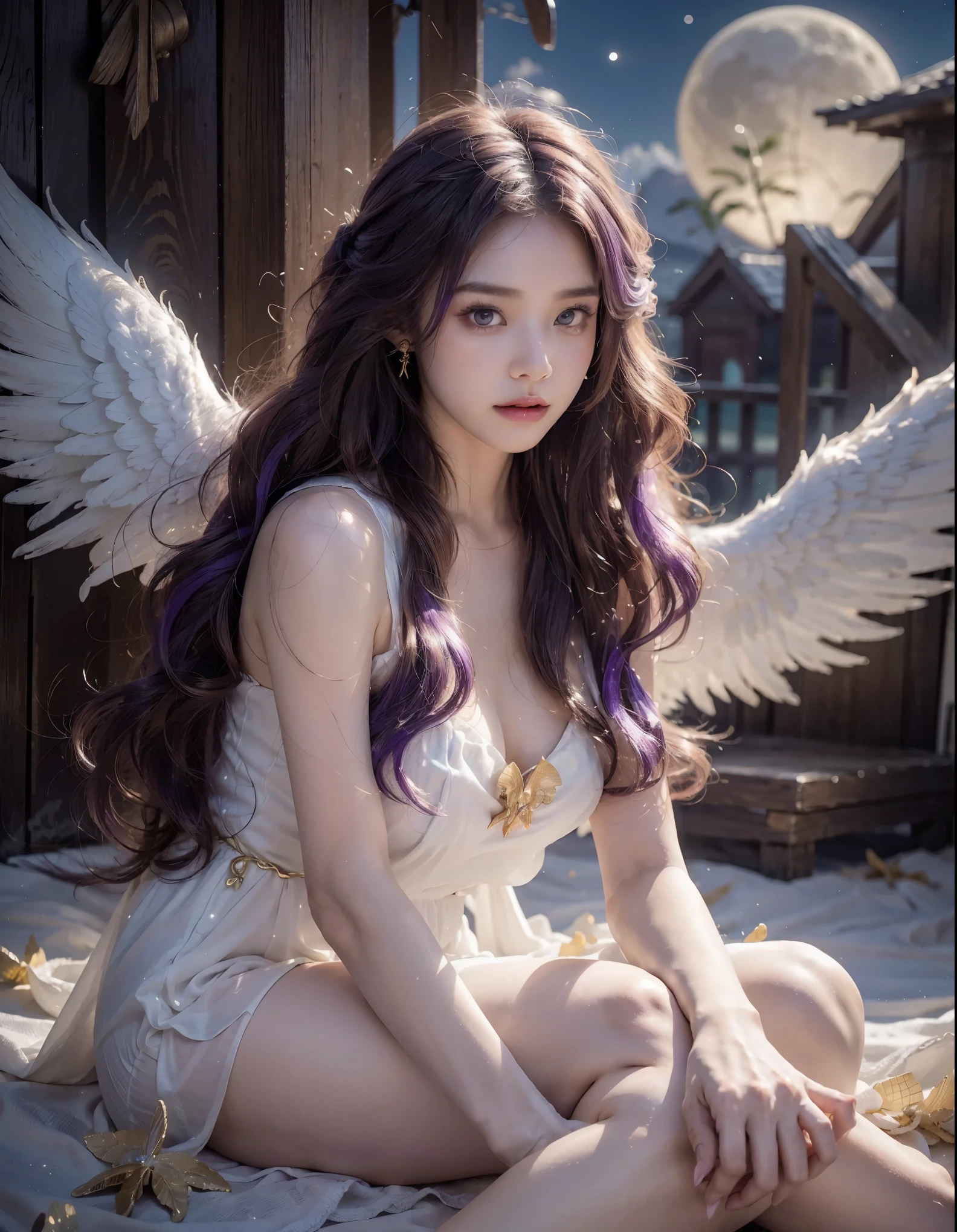 (((RAW photo , insanely detailed, highest quality, high resolution,)))

break、(contrast:),  full body:1、large tits,angel Smile、barefoot、

break、 (((violet hair Beach waves hairstyle ))), (((cosmetics))),

break、White effect ,  White angel:1.2, ((night)) 、

break、Vampire Castle, detailed background, moon、 

break、Antonio Riva dress:1.2、dress made of slightly transparent fabric、 high fantasy, beautiful face,  pointy ears, jewelry、

break、many gold butterflies are flying,

break、outdoor、