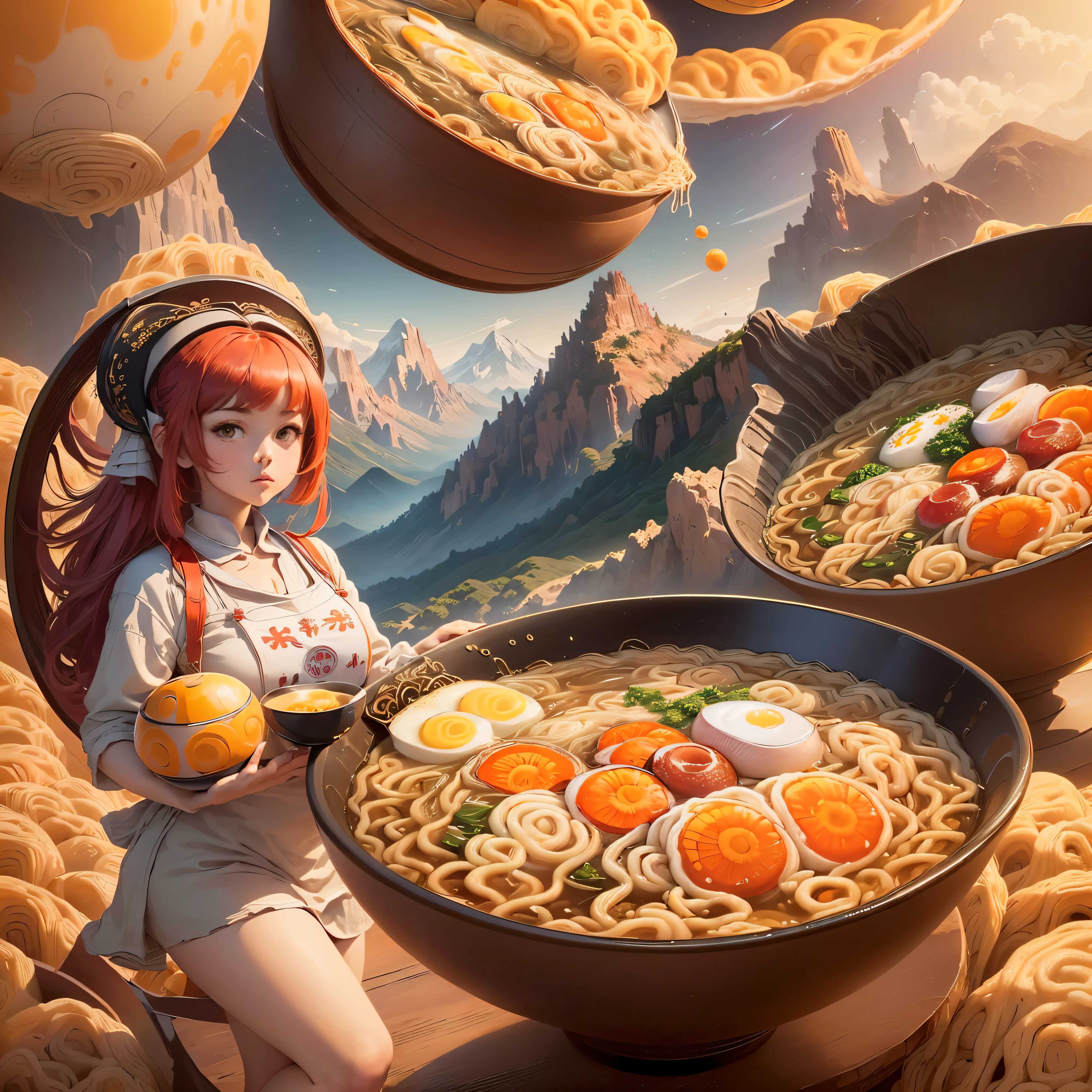 masterpiece, highest quality, ((Landscape with many floating planets)), 1 girl, ((((Holding a huge bowl of ramen)))), ((Ramen as big as your face)), ((mountain in hand)), red bob hair, amber eyes, ruffle dress, ((diagonally)), perfect face, Mysterious, (facing the front), Detailed and beautiful, matic