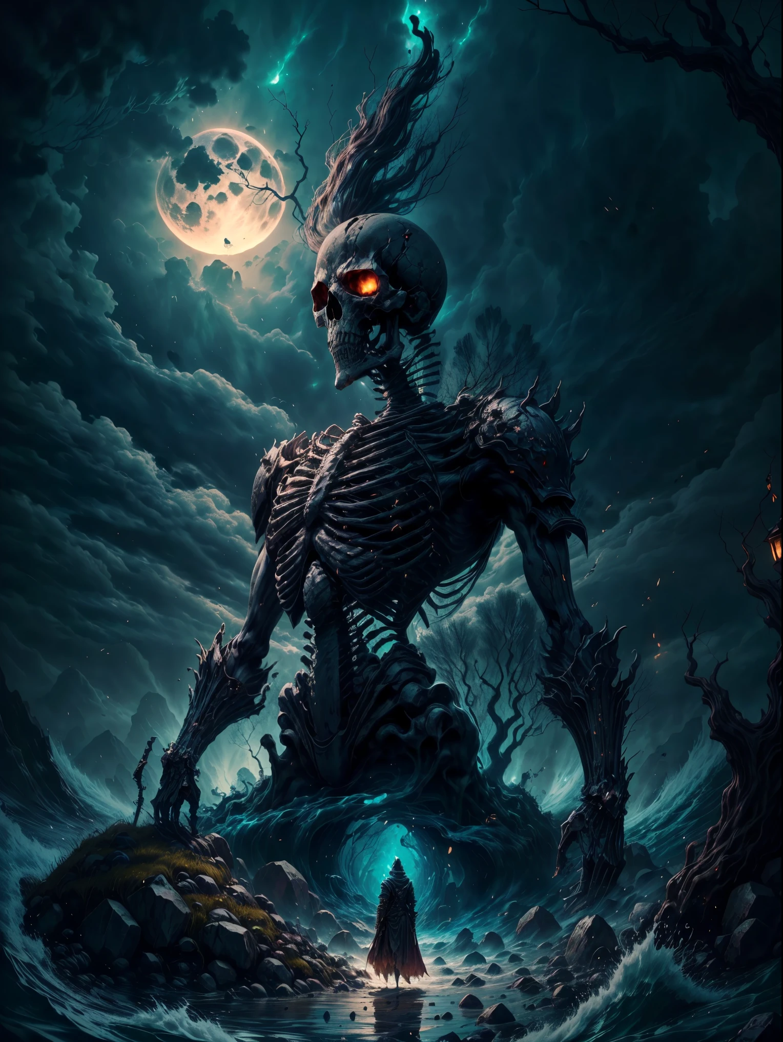 best image quality, masterpiece, super high resolution,
BREAK
"Imagine a chilling scene of a skeleton warrior standing atop an ancient tomb, shrouded in the eerie glow of the full moon. The warrior is adorned in ancient armor, rusted with age and battle-worn, with a helm that glints ominously in the moonlight. BREAK In one hand, the warrior holds a wickedly sharp sword, while the other hand is outstretched, as if beckoning you closer. The tomb beneath the skeleton is ornately decorated, with intricate carvings of snakes and skulls etched into the stone. BREAK The air is thick with the scent of decay and ancient magic, as if the tomb itself is alive with dark power. The skeleton warrior’s eyes glow with an otherworldly light, and you can almost feel the weight of its gaze upon you. BREAK In the background, the silhouette of a haunted forest looms, with twisted trees and gnarled branches reaching up to the sky like skeletal fingers. The tomb itself is perched on a cliff overlooking a raging sea, the waves crashing against the rocks far below. BREAK This image captures the essence of dark fantasy and conjures up a sense of foreboding, as if the skeleton warrior is a harbinger of doom, standing guard over the secrets buried within the ancient tomb."