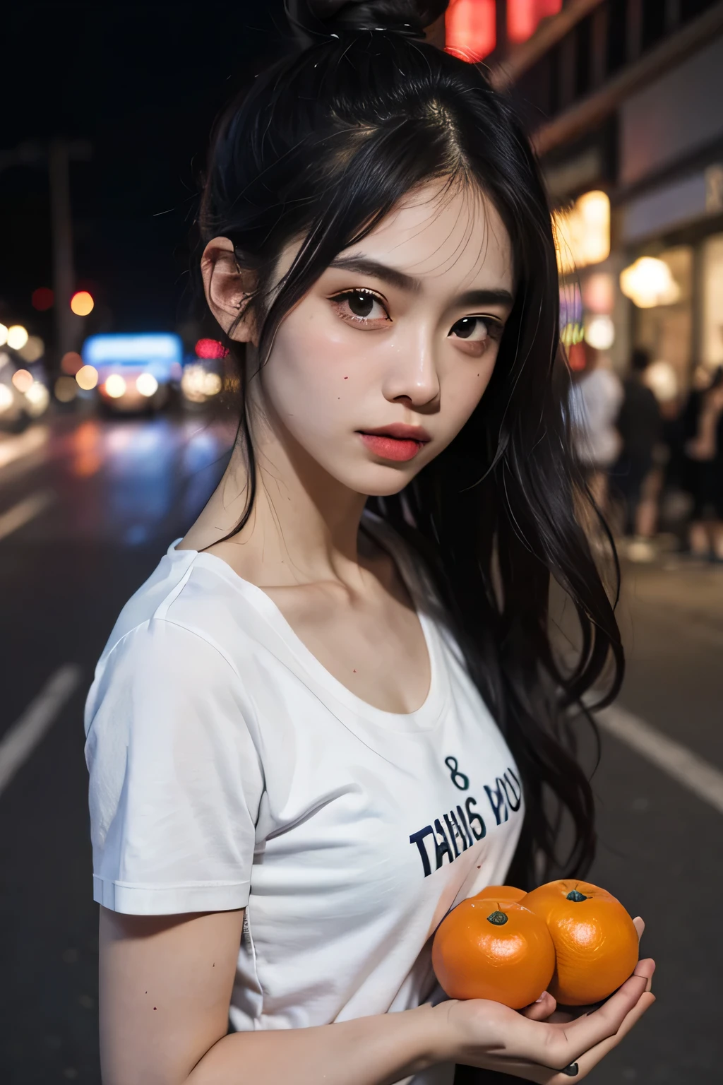 1 girl, Idol, close, clavicle, ,Holding tangerines in your hands, photograph, movie, written boundary depth, skin texture, T-shirt, rubber band, topknot, long hair, messy hair、City of night