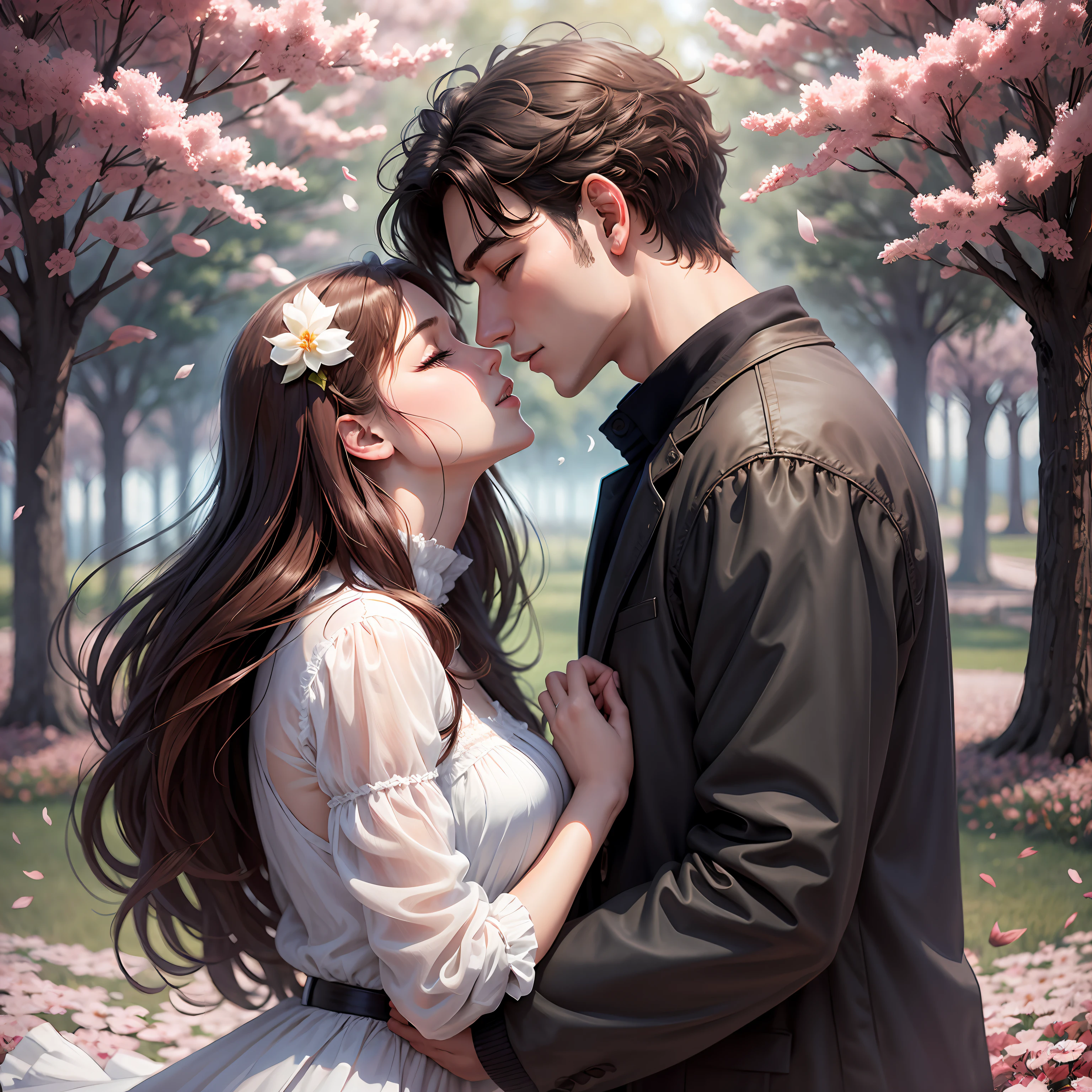 (((A handsome rapas man kissing on the forehead of a beautiful girl in a park cold clothes)))