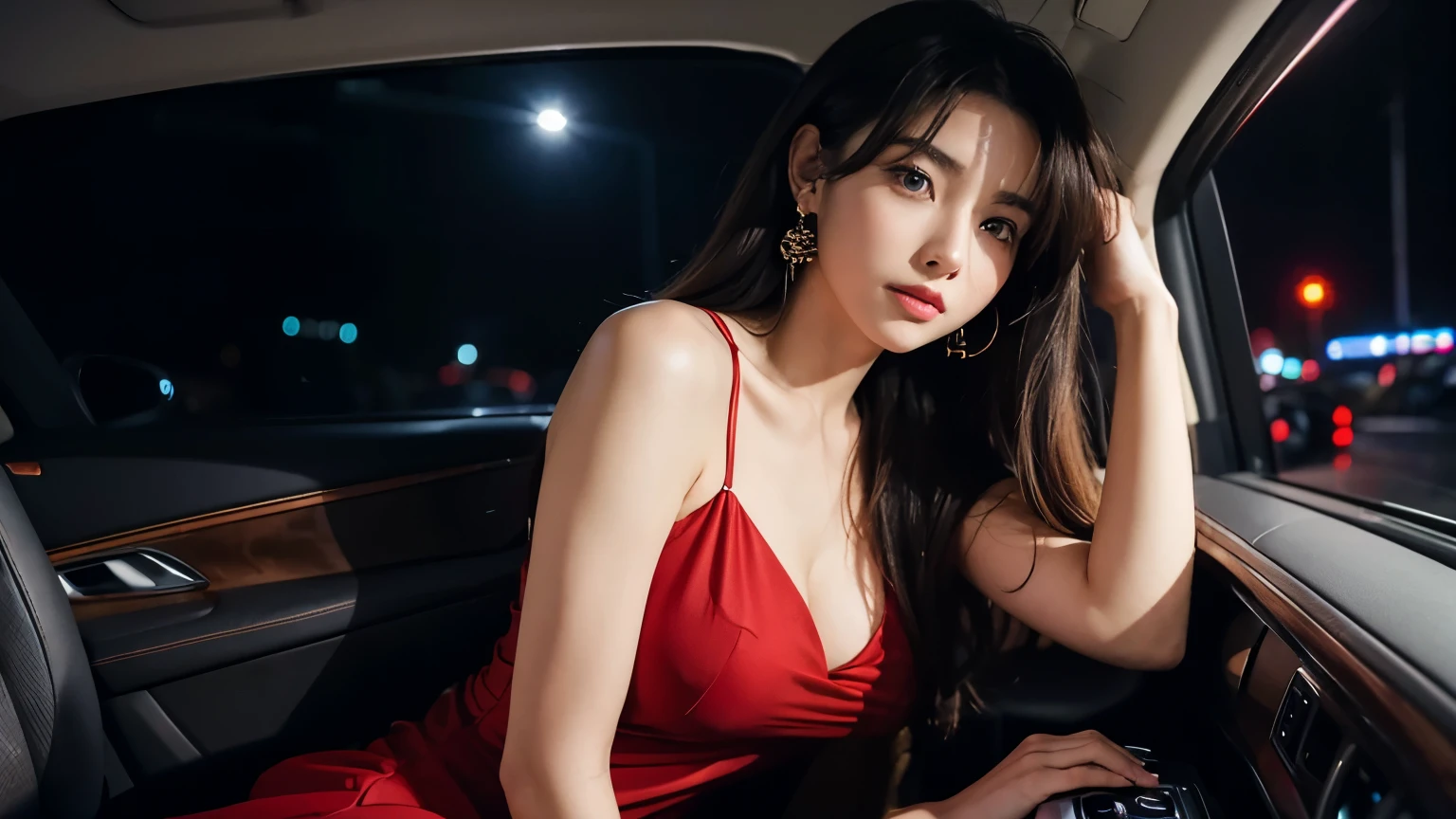 (highest quality、anime style:1.2)、black leather upholstery、Inside of a luxury car