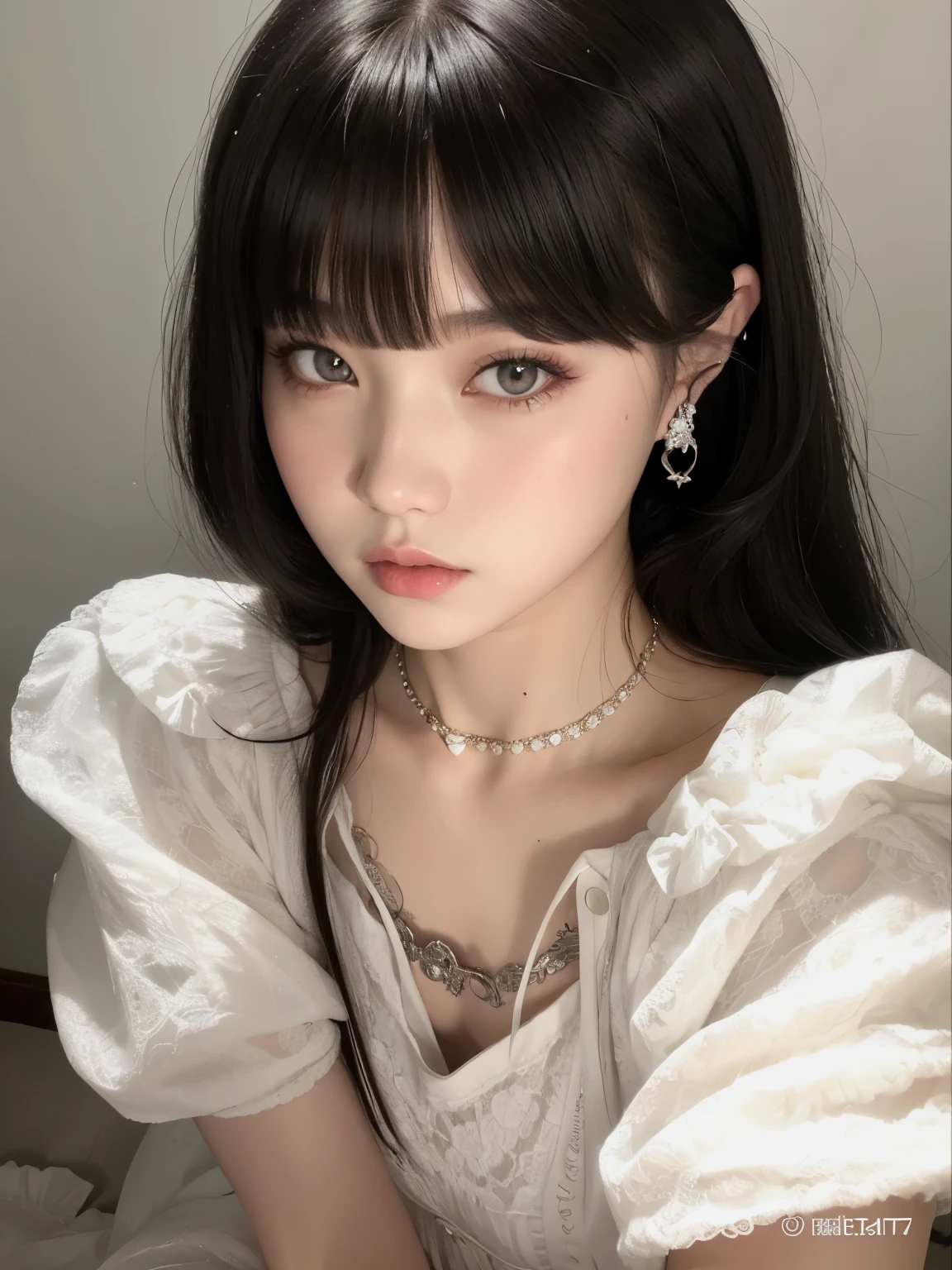 um close up de uma mulher usando um vestido branco e um colar, penteado com corte hime branco, Ulzzang, o corte Hime, shikami, fair and pale skin!!, corte de cabelo preto hime, cruel korean goth girl, chiho, small heart-shaped face, Bela Delfina, Lalisa Manobal, anime vibes, pale porcelain white skin