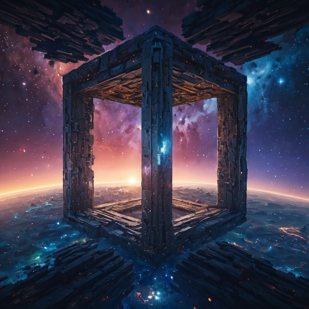 Aerial view of a forgotten ((open gateway)) of time and space.(best quality,4k,8k,highres,masterpiece:1.2),ultra-detailed,(realistic,photorealistic,photo-realistic:1.37),HDR,UHD,studio lighting,ultra-fine painting,sharp focus,physically-based rendering,extreme detail description,professional,vivid colors,bokeh,concept artists