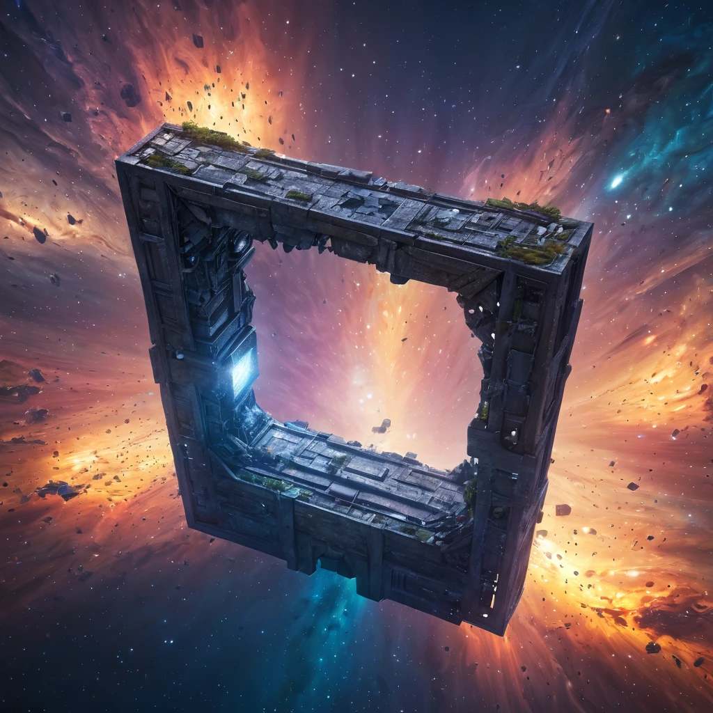 Aerial view of a forgotten ((open gateway)) of time and space.(best quality,4k,8k,highres,masterpiece:1.2),ultra-detailed,(realistic,photorealistic,photo-realistic:1.37),HDR,UHD,studio lighting,ultra-fine painting,sharp focus,physically-based rendering,extreme detail description,professional,vivid colors,bokeh,concept artists