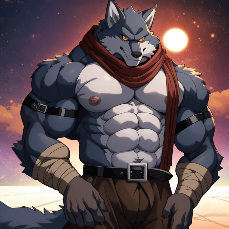 bergamo,werewolf,male,aldult,alone,4K,Clear lighting,best quality,full-body shot,looking at the audience,,hairy body,Upper body exposed,bared  chest,Hairy chest,furry tail, chest muscles,chest muscles上有乳头,Pink nipples, Six-pack abs, biceps, 弯曲biceps, anatomically correct,Delicate fur,pride,soft shadow,brown jeans,Black belt,red scarf,majestic,Detailed face,High quality eyes,golden eyes,black pupils sharp eyes,Grandiose,Valiantary,,Smile confidently,Strong,mature,valley background,Blue sky and white clouds,The sun shines