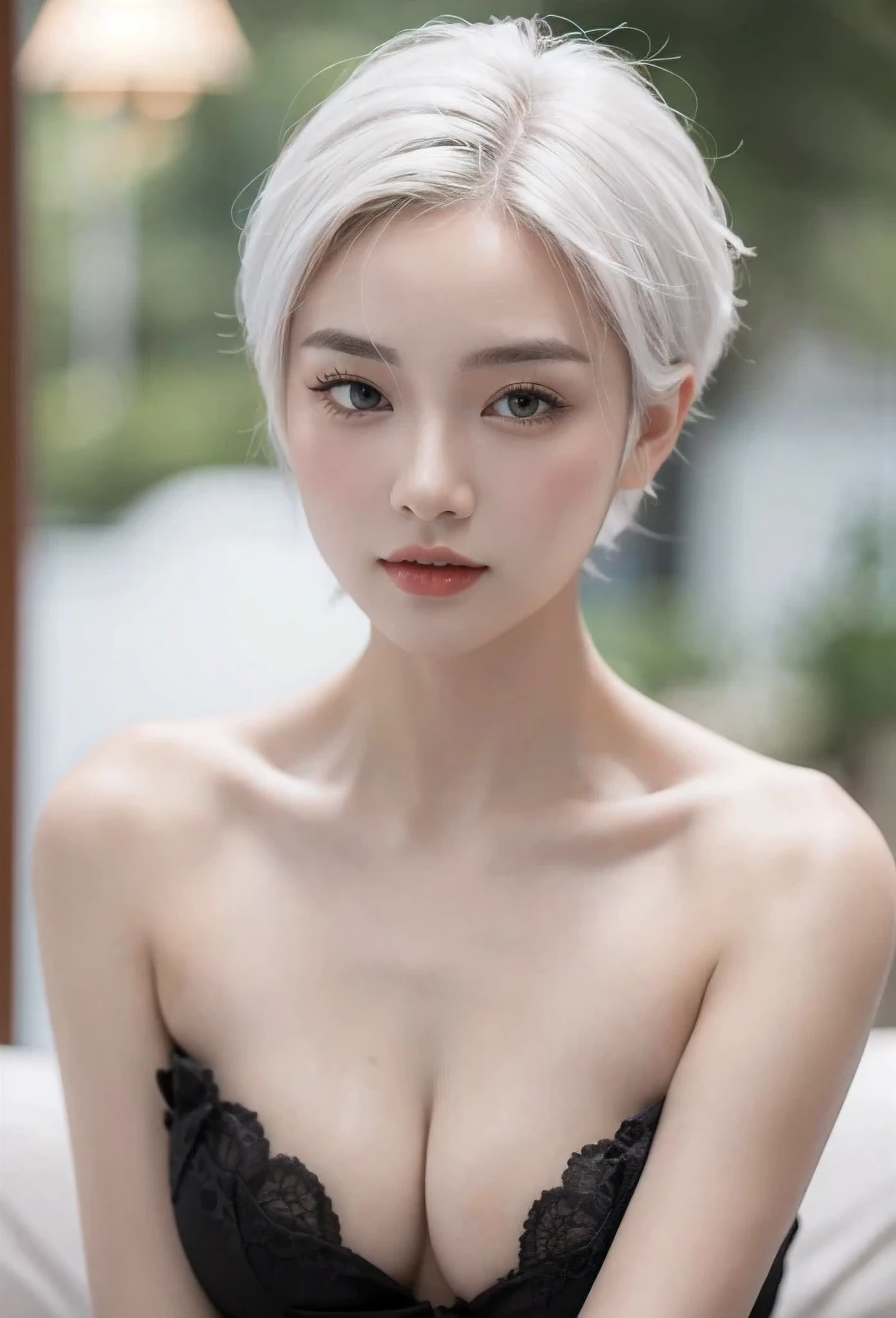 Close-up of woman with big breasts, girl with short white hair, perfect white hair girl, beautiful asian girl, beautiful asian woman, 白色short hair, short hair, Soft portrait photos 8k, short white hair, Gorgeous Chinese model, white hair, White-haired, beautiful young asian woman, an asian woman, white hair lady