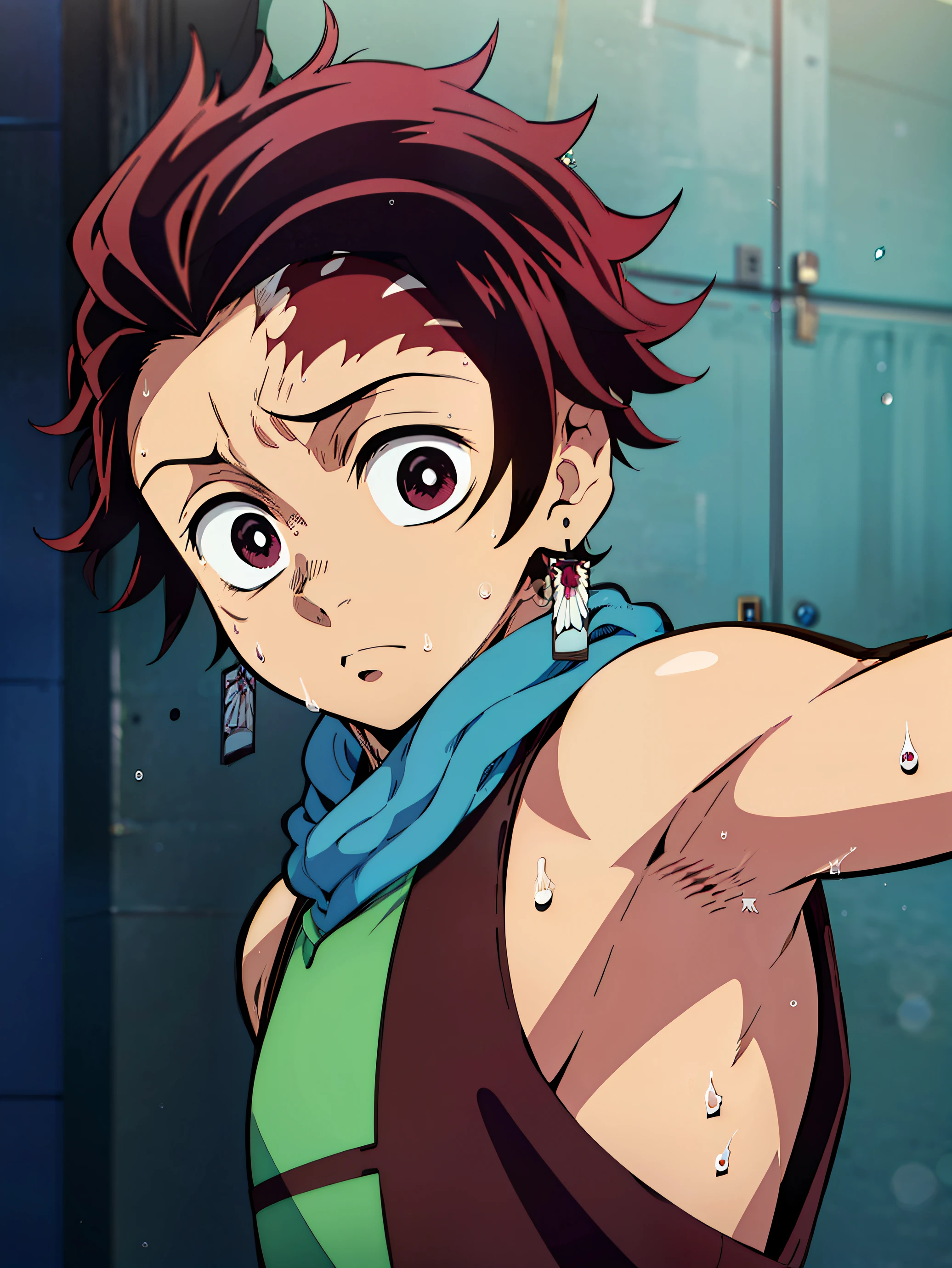 Highres, Masterpiece, Best quality at best,Best Quality,hight quality, hight detailed, 1boy, Tanjirou, Red hair, Earring, Shota, Sleeveless hoodie, Sweat, Slim body, (Showing armpit:1.3), Seen from front, (young boy), 12-year-old boys