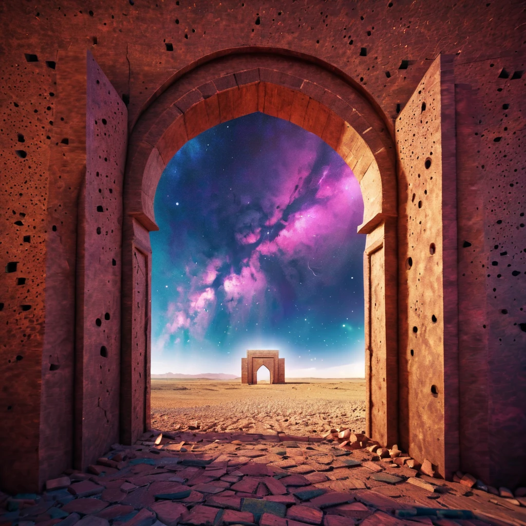 forgotten gateway of time and space, morocco, magical, magical flashes coming from the gateway of the future and the past, ancestral morocco, technological, 3d crackle, we can see a different landscape through the ancestral gateway, a wall, different sky outside and inside