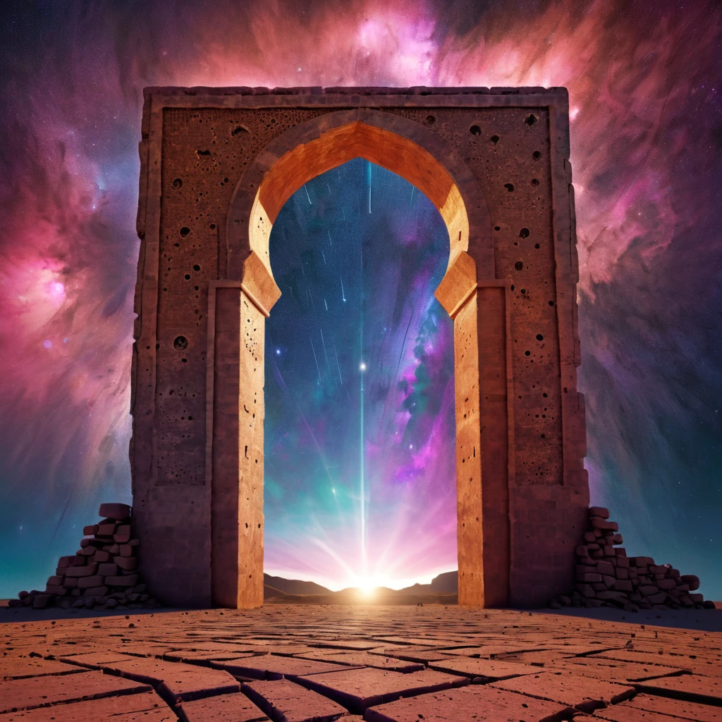 forgotten gateway of time and space, morocco, magical, magic sky, magical flashes coming from the gateway of the future and the past, ancestral morocco, technological, 3d crackle, we can see a different landscape through the ancestral gateway, a wall, different sky outside and inside